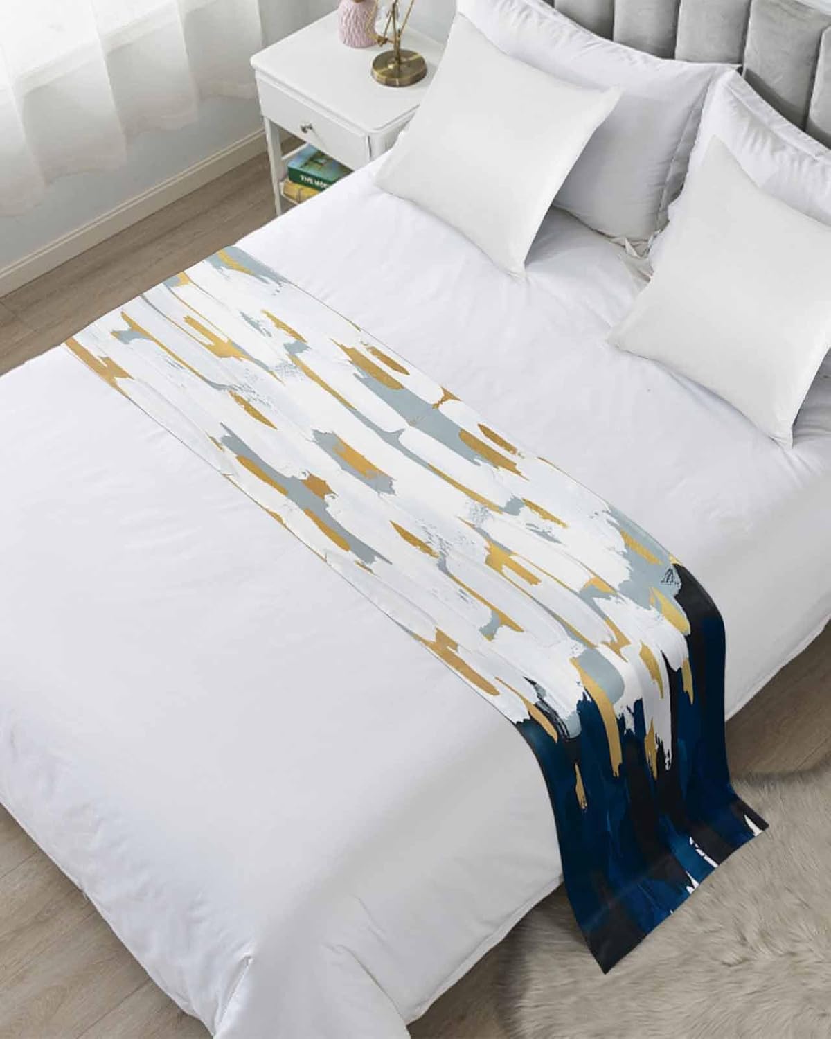 Sabolny Blue White Bed Runner Scarf Full Queen Size
