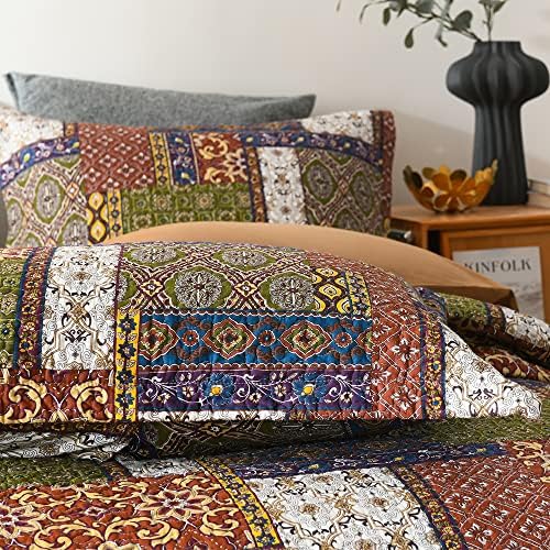 VISIMISI Cotton Reversible Patchwork Bedspread Set Brown Queen Size