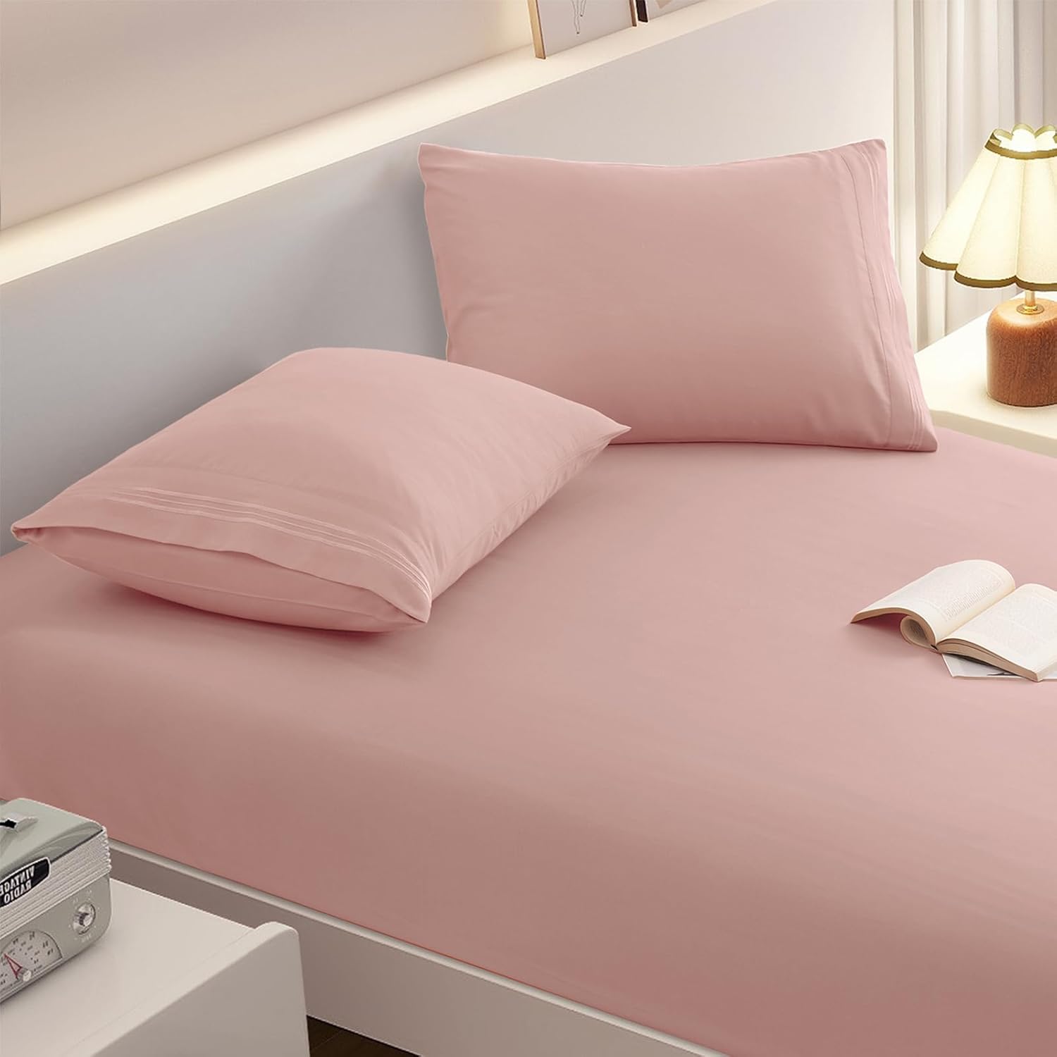 Soft Microfiber Full Fitted Sheet Set with Pillowcases 16 Deep Pocket Pink