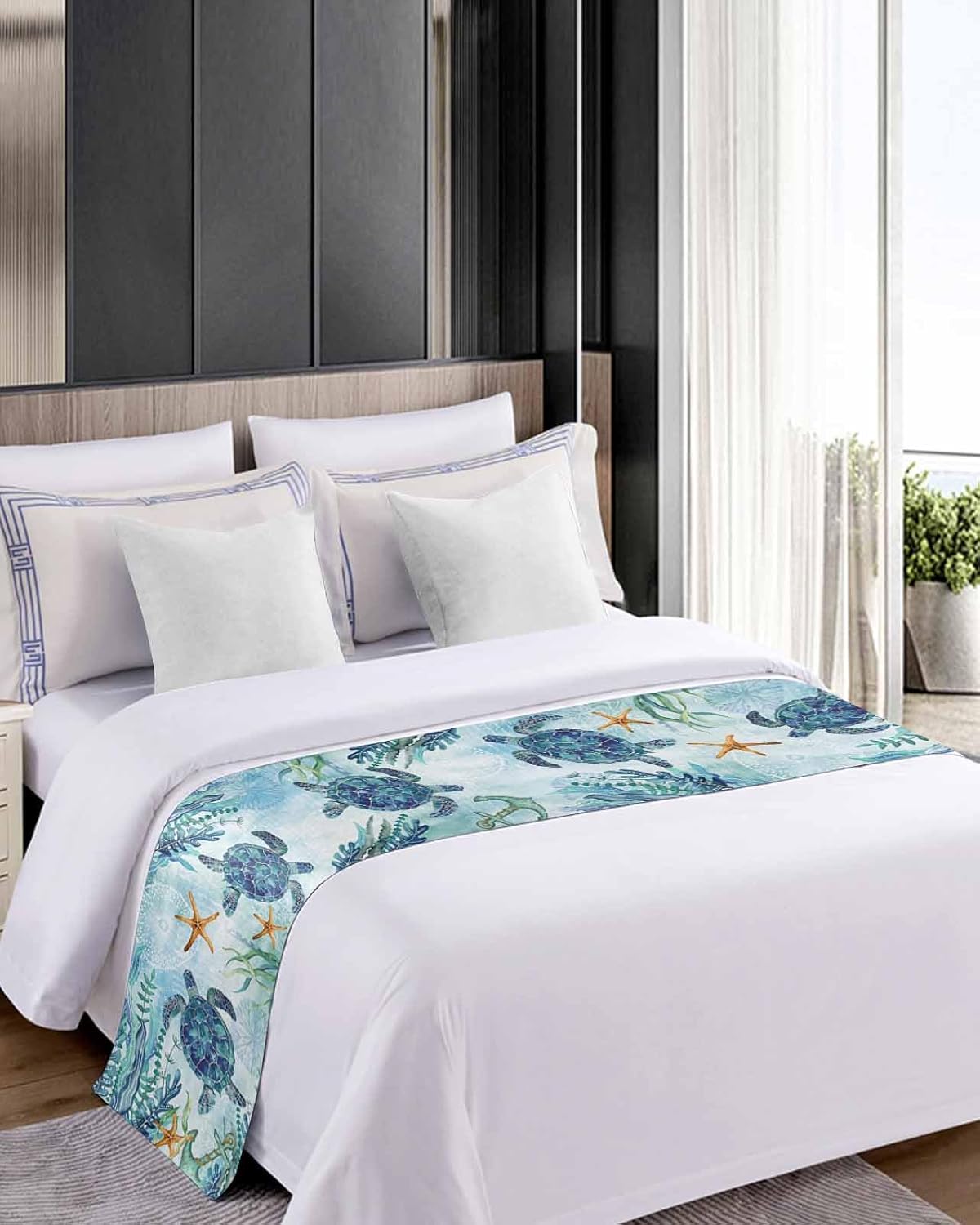 DecorLovee Coastal Sea Turtle Bed Runner Queen Size