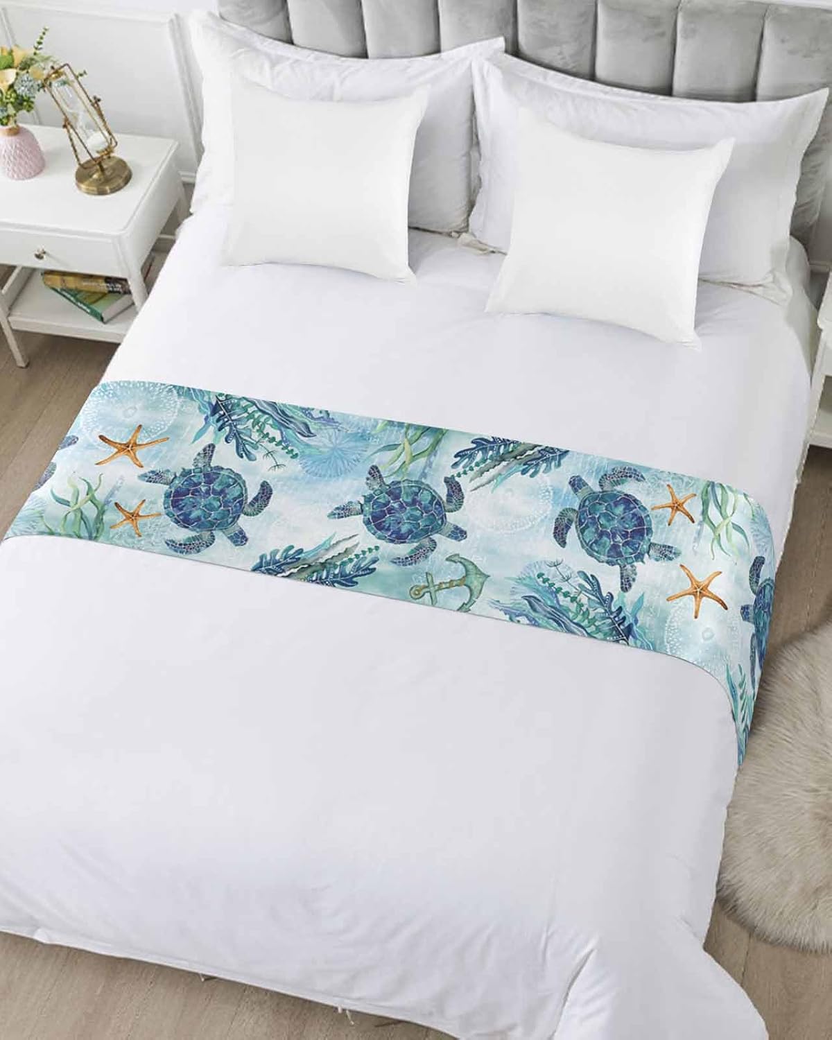 DecorLovee Coastal Sea Turtle Bed Runner Queen Size