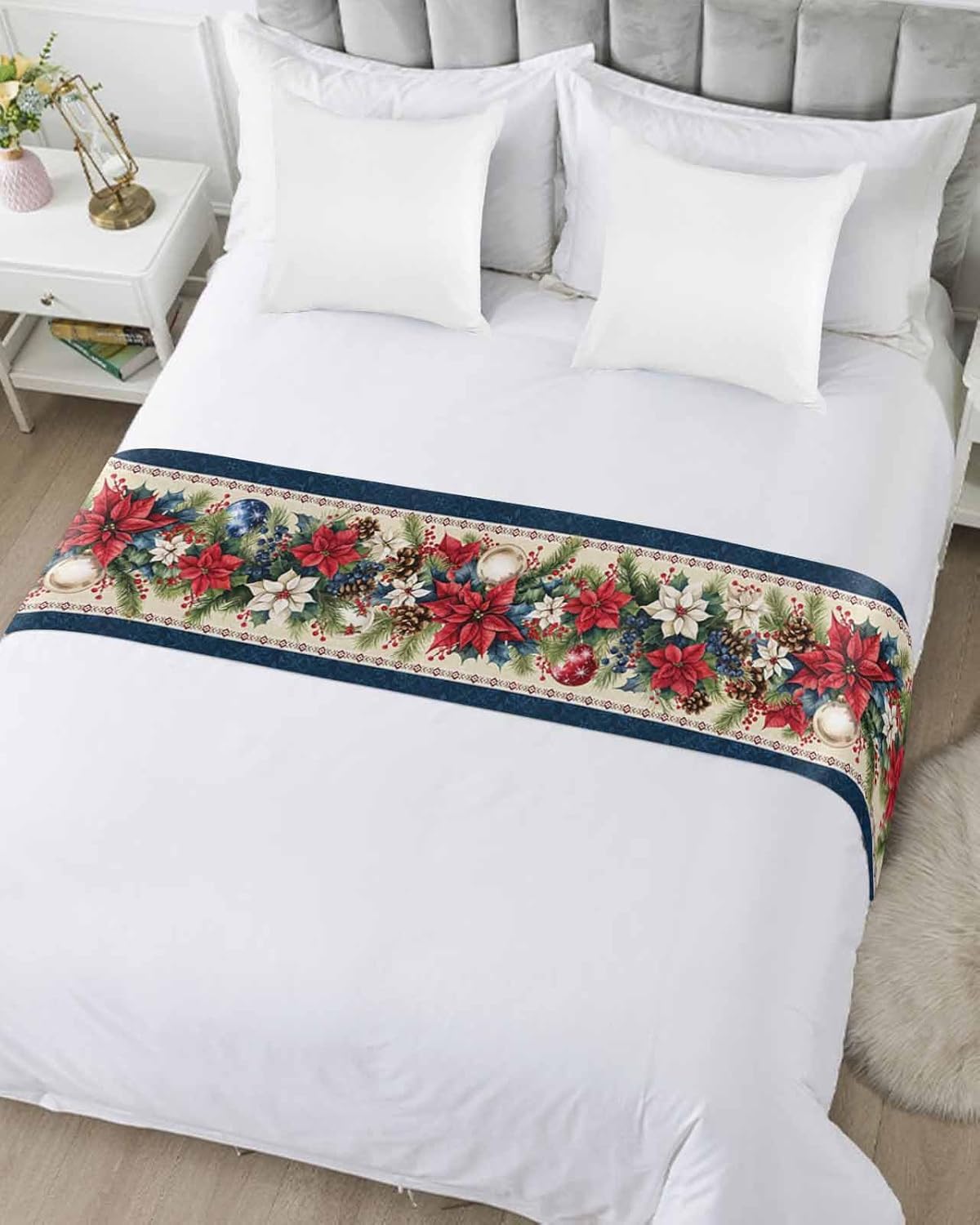 Chucoco Red Poinsettia Bed Runner Scarf Queen Size