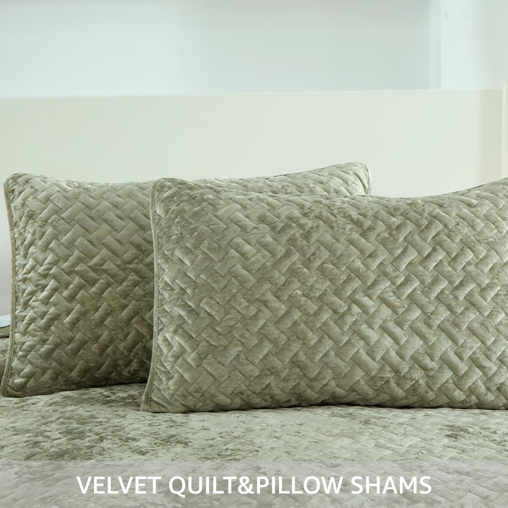 Liians Velvet Bedspread Comforter Set Queen Size Sage Green