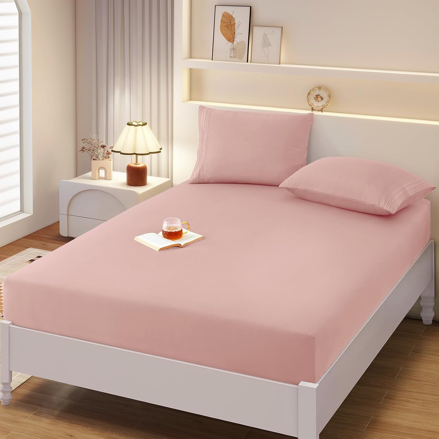 Soft Microfiber Full Fitted Sheet Set with Pillowcases 16 Deep Pocket Pink