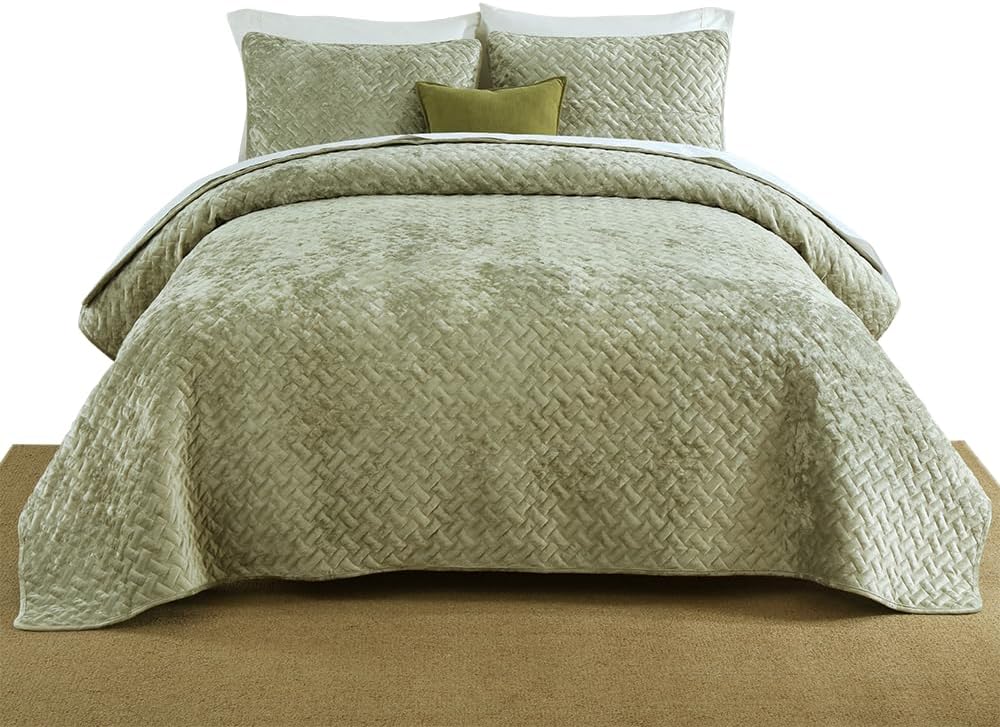 Liians Velvet Bedspread Comforter Set Queen Size Sage Green