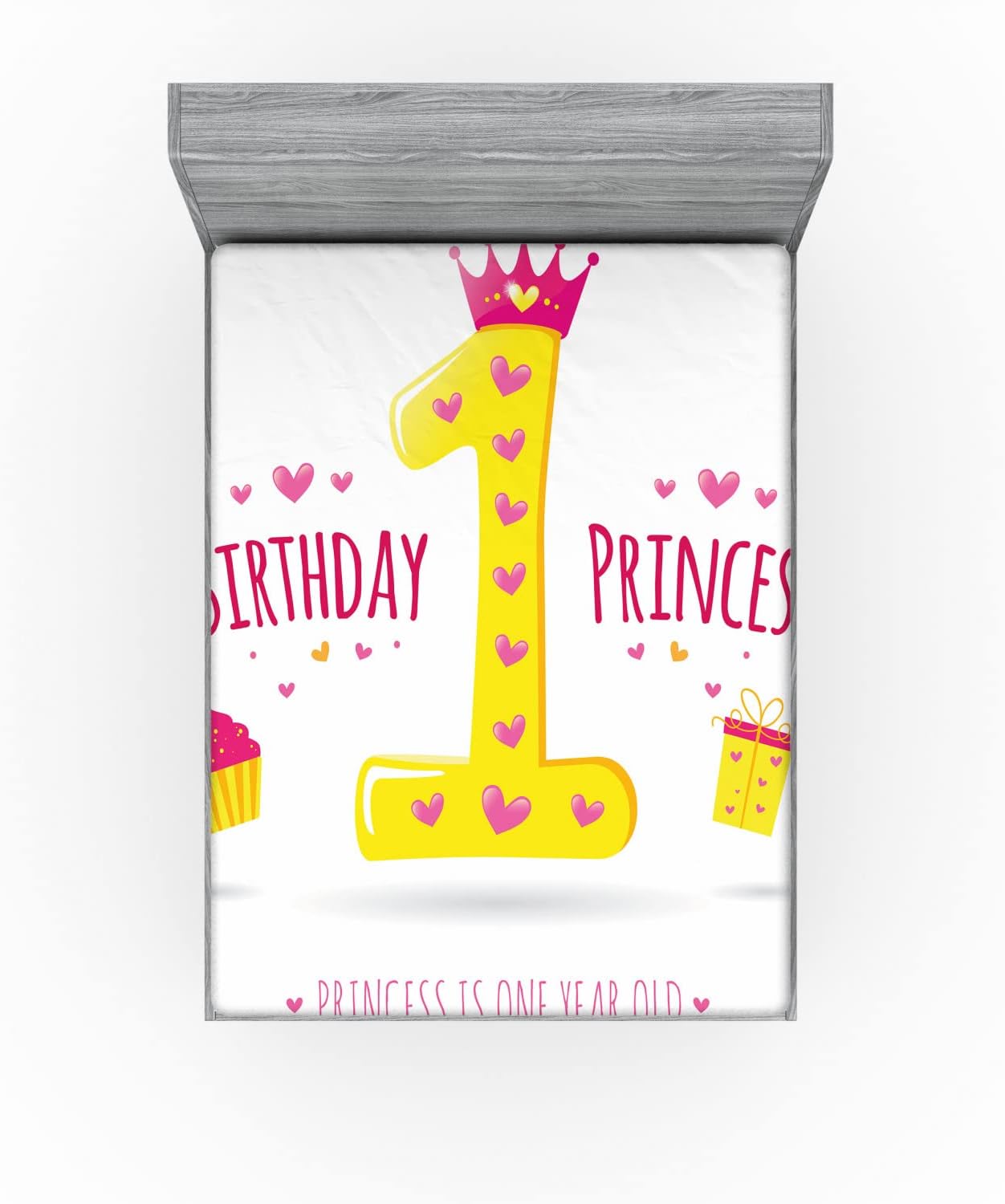 Ambesonne 1st Birthday Fitted Sheet Set - Yellow Hot Pink Cartoon Girl Design