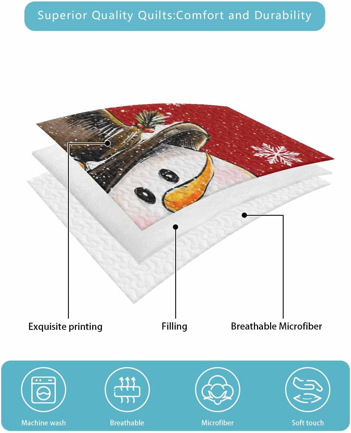 Chucoco Twin XL Quilt Bedding Set with Snowman Pattern