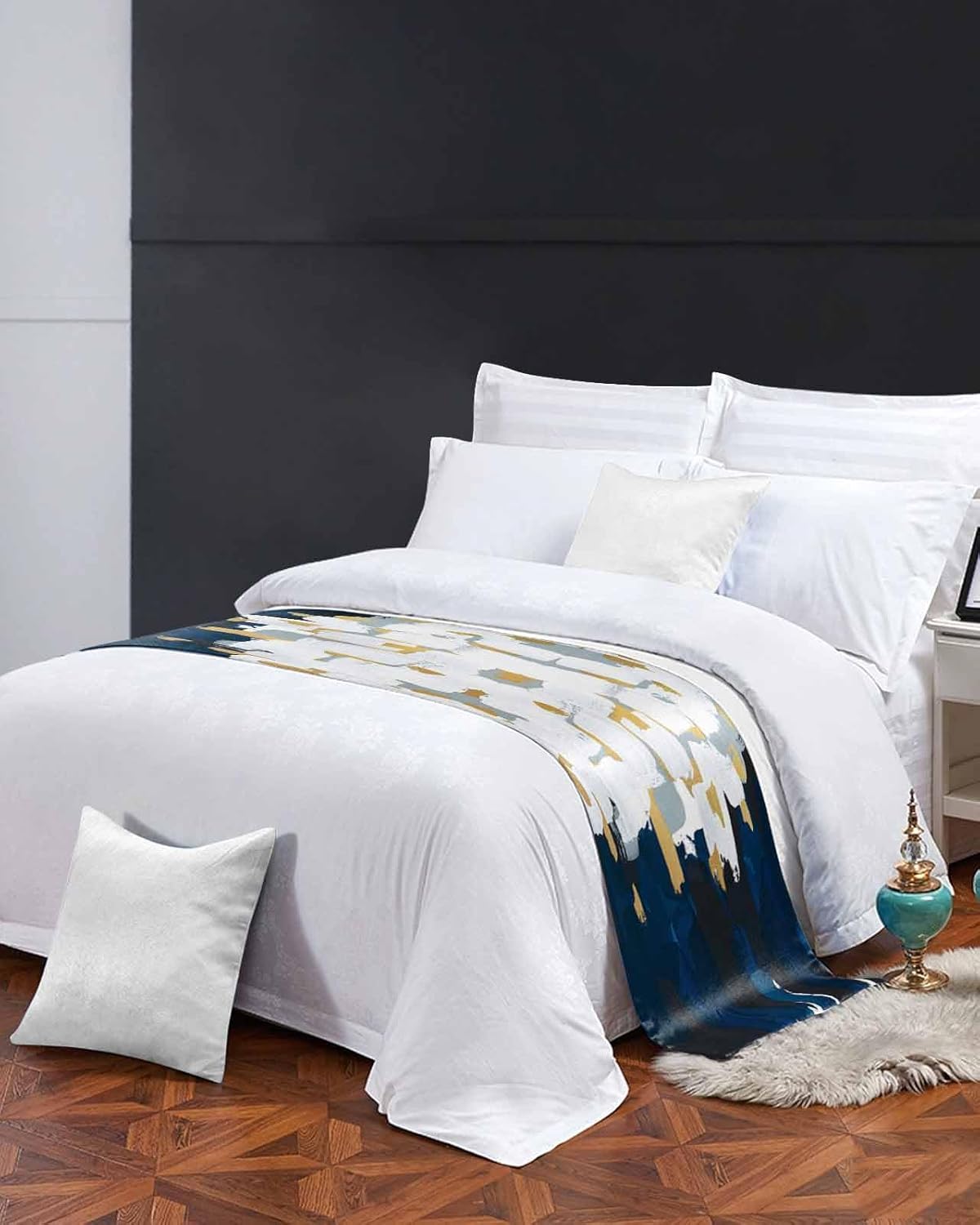 Sabolny Blue White Bed Runner Scarf Full Queen Size