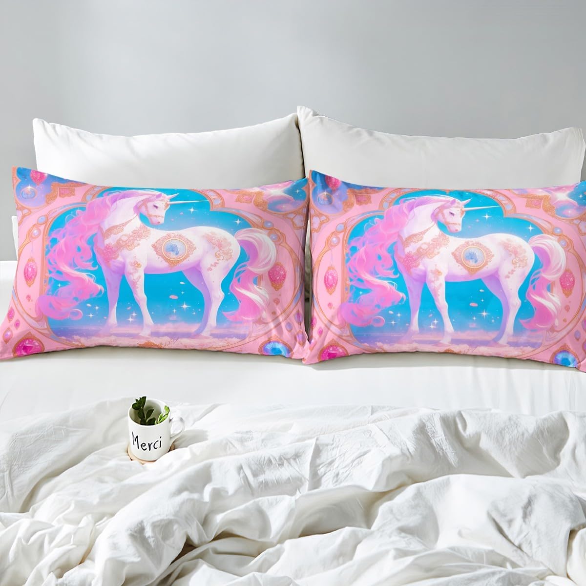 Manfei Unicorn Kids Fitted Sheet Set with 2 Pillowcases