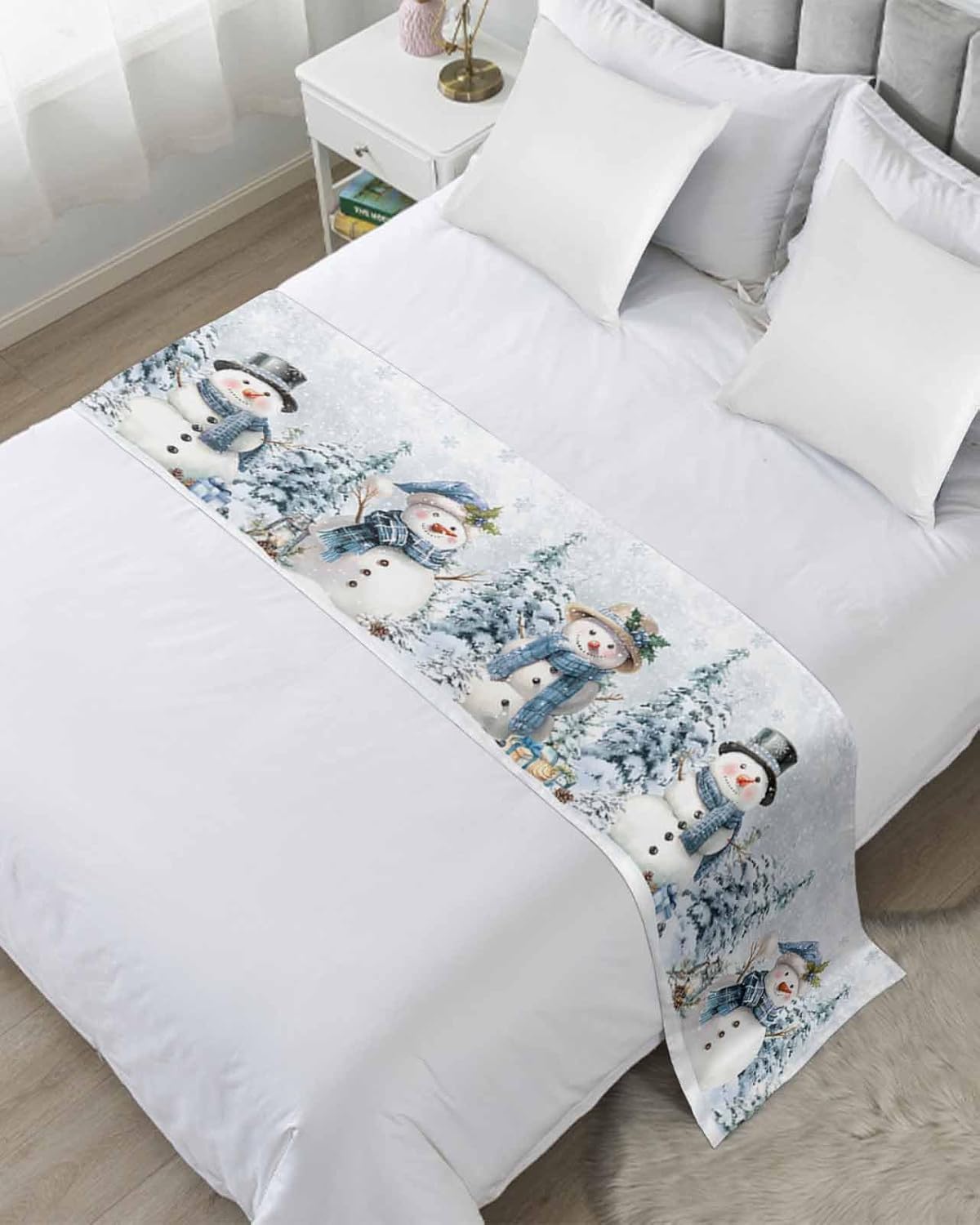 Chucoco Christmas Snowman Bed Runner Scarf for Twin Size Bed