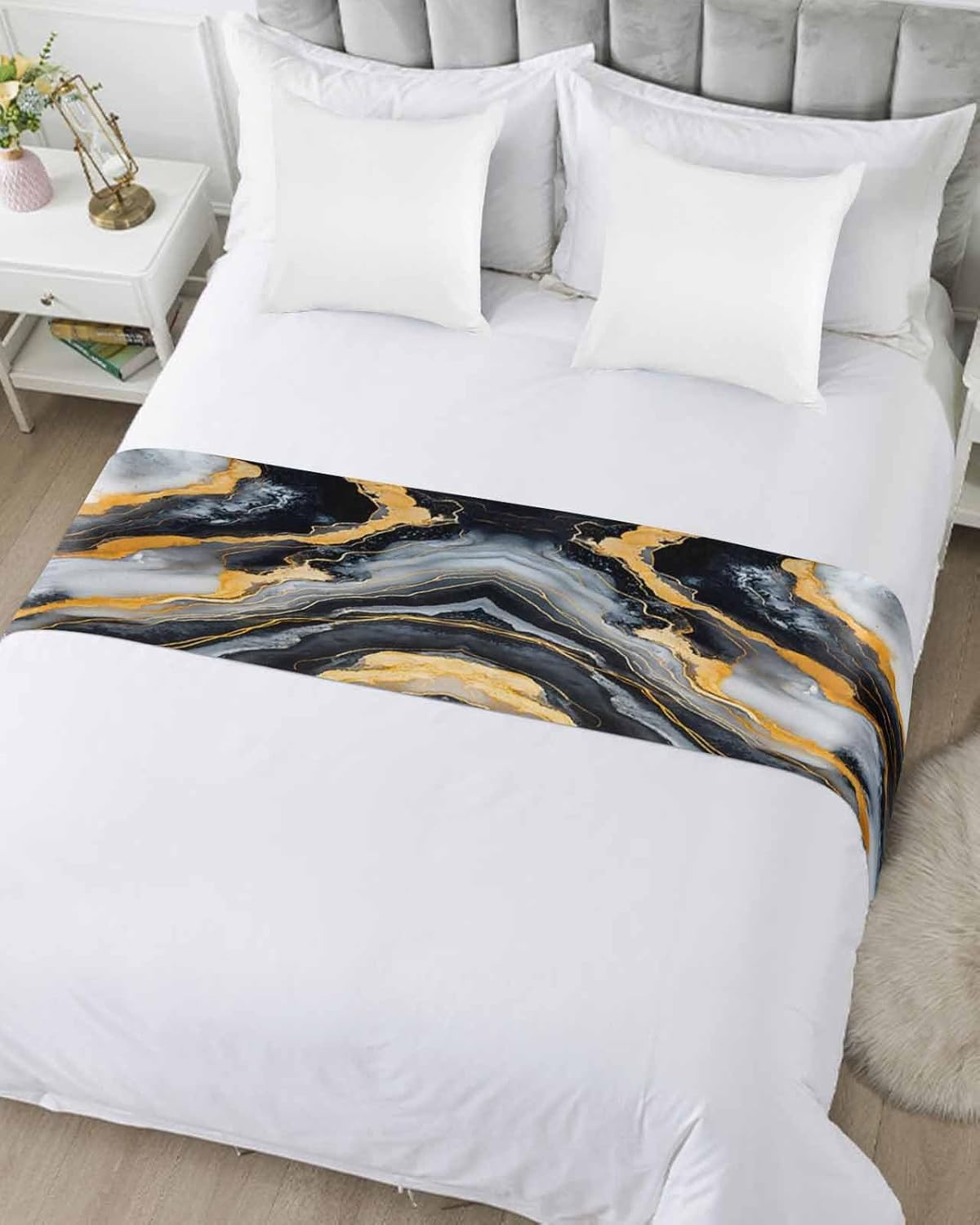 Sabolny Marble Black Gray Bed Runner Scarf Cal King
