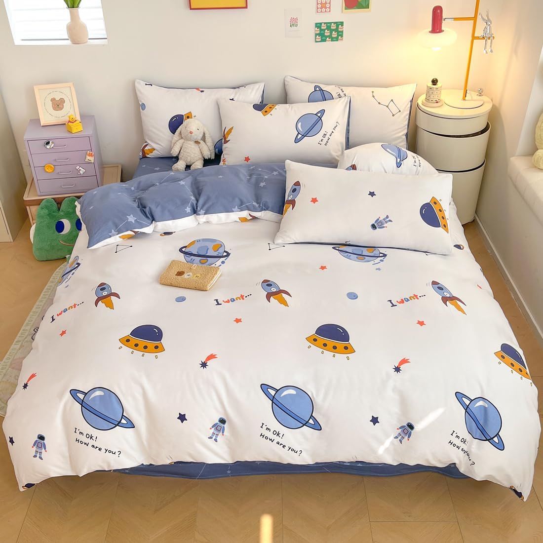 LIWHENHAO 100 Cotton Duvet Cover Set Queen with Space Cartoon Print
