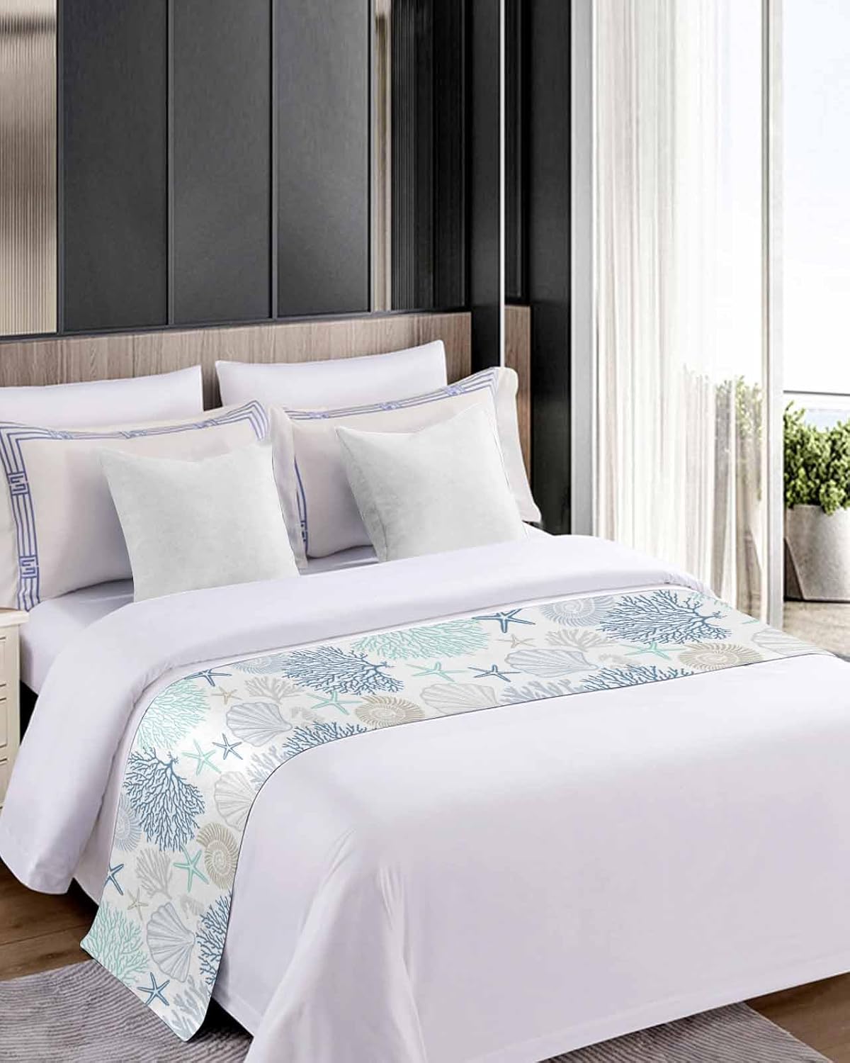 RisQiten Blue Aqua Grey Coastal Bed Runner Cal King 1