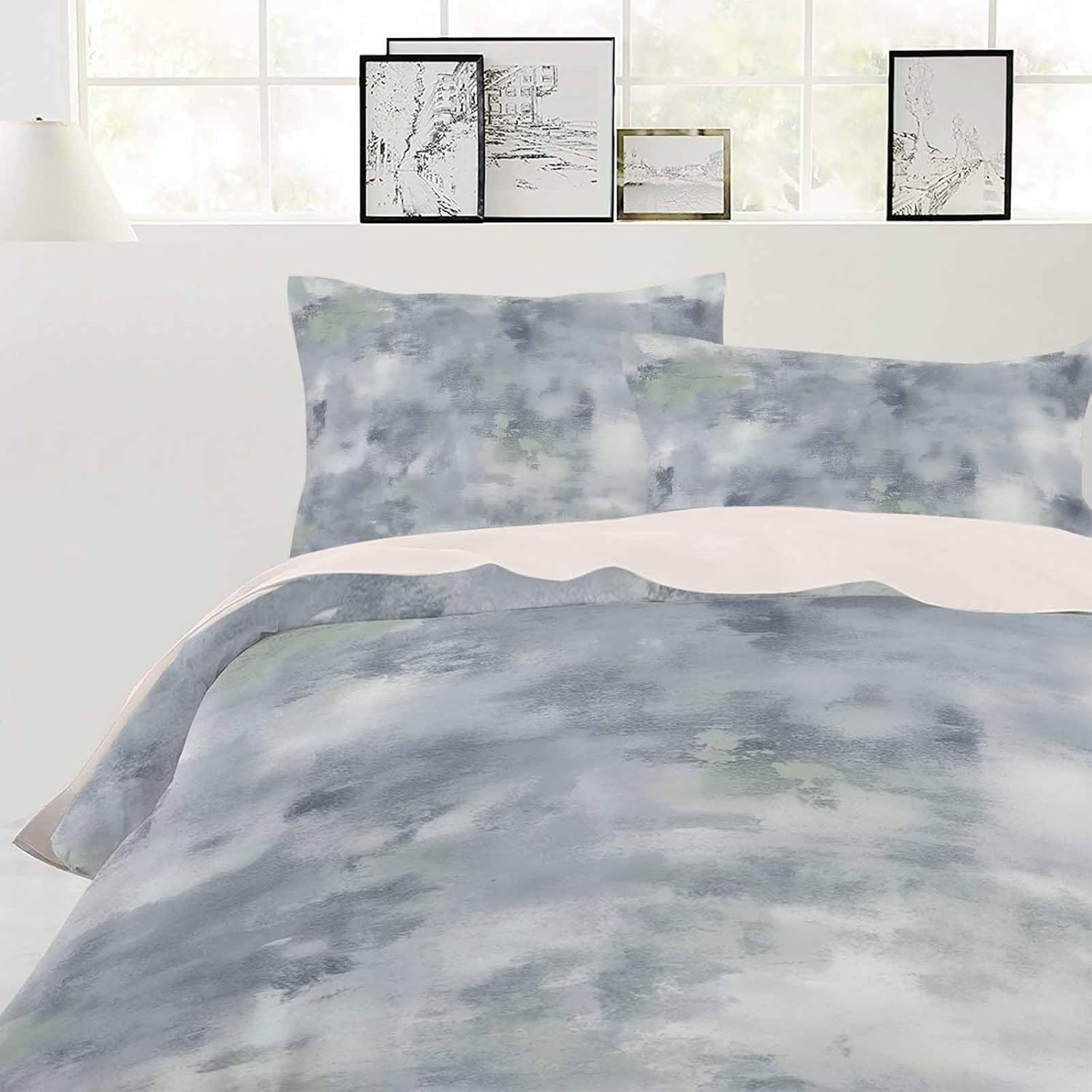 Gray Blue Duvet Cover Set Cal King Abstract Contemporary Graffiti Art