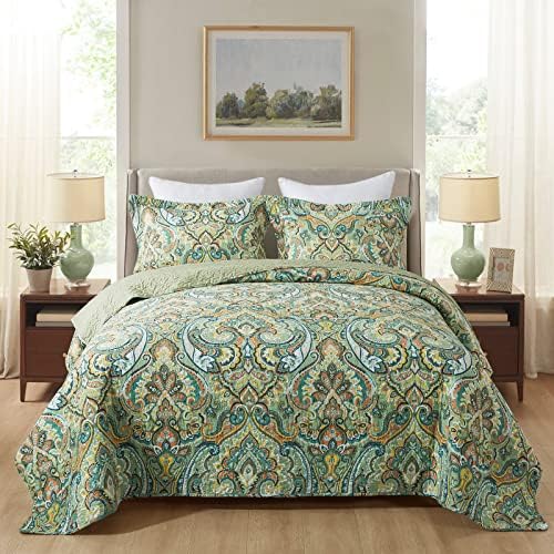 NEWLAKE Reversible Patchwork Quilt Set - European Green Floral California King
