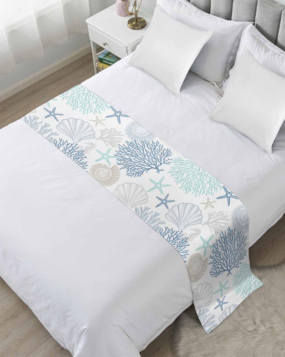 RisQiten Blue Aqua Grey Coastal Bed Runner Cal King 1