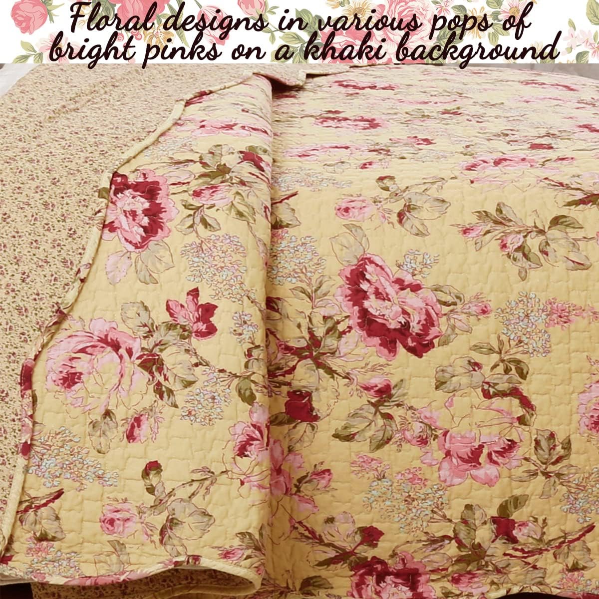 Cozy Line Lelia Pink Rose Reversible Quilt Bedding Set King - 3 Piece 1