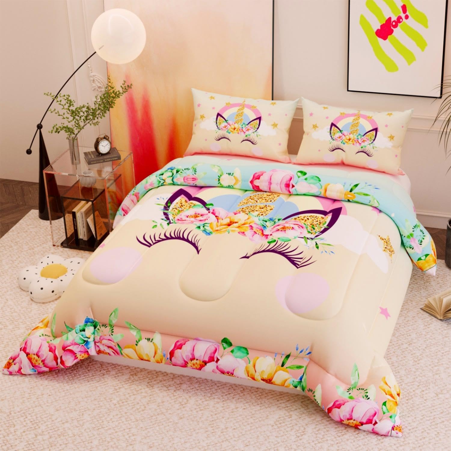 Namoxpa Unicorn Comforter Set Floral Pink 3D Pattern