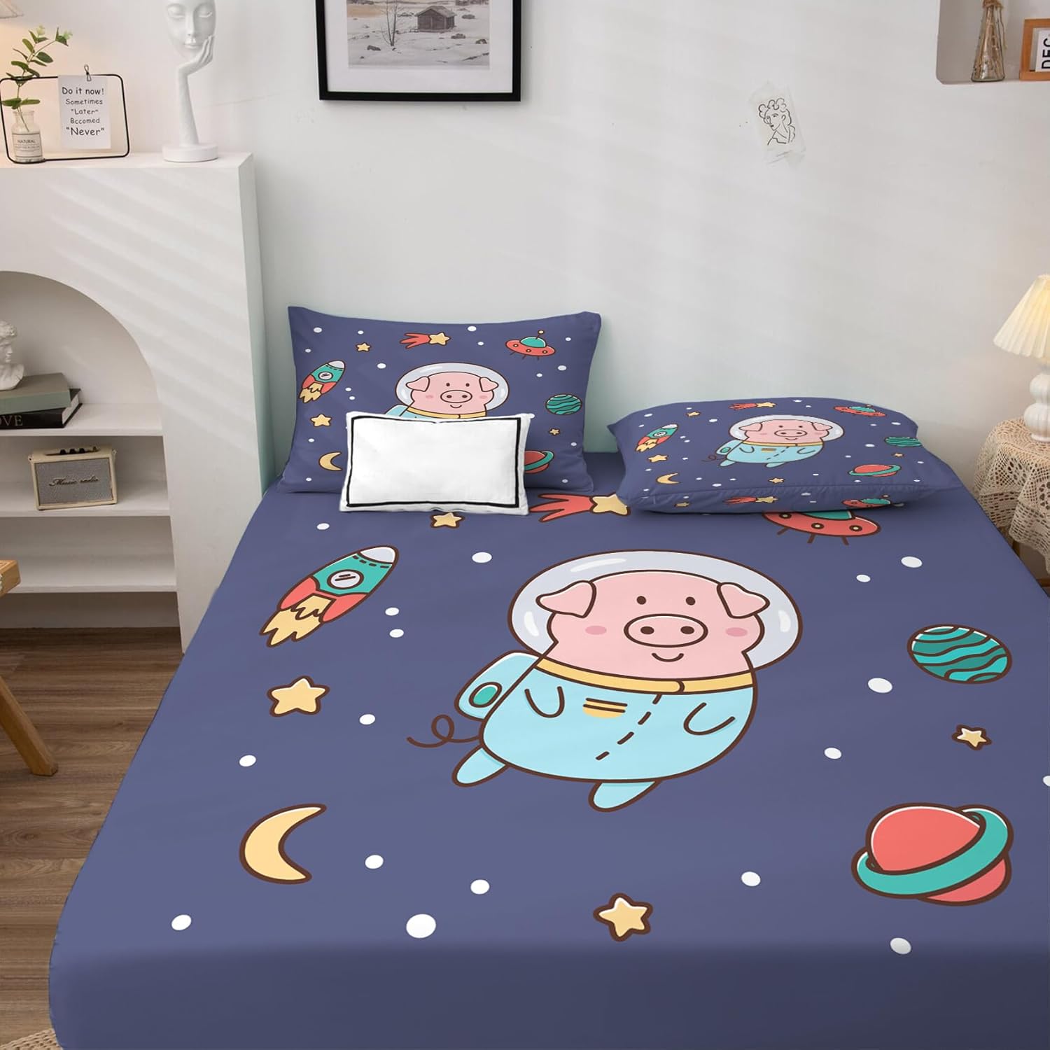 Kids Pig Sheets California King Set - Space Theme Soft Microfiber 4PCS