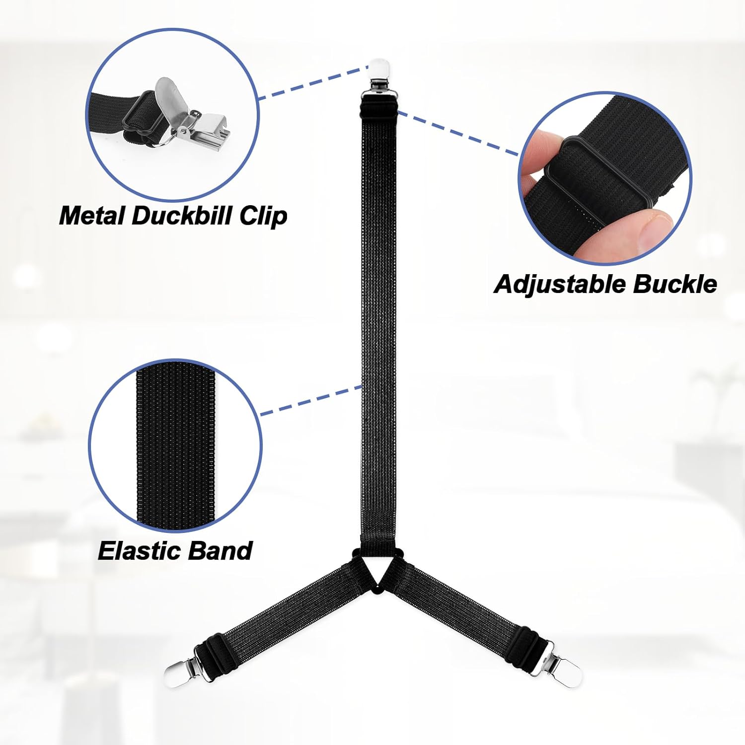 4Pcs Triangle Sheet Straps with Metal Clips - Adjustable Elastic Bed Sheet Holders Black