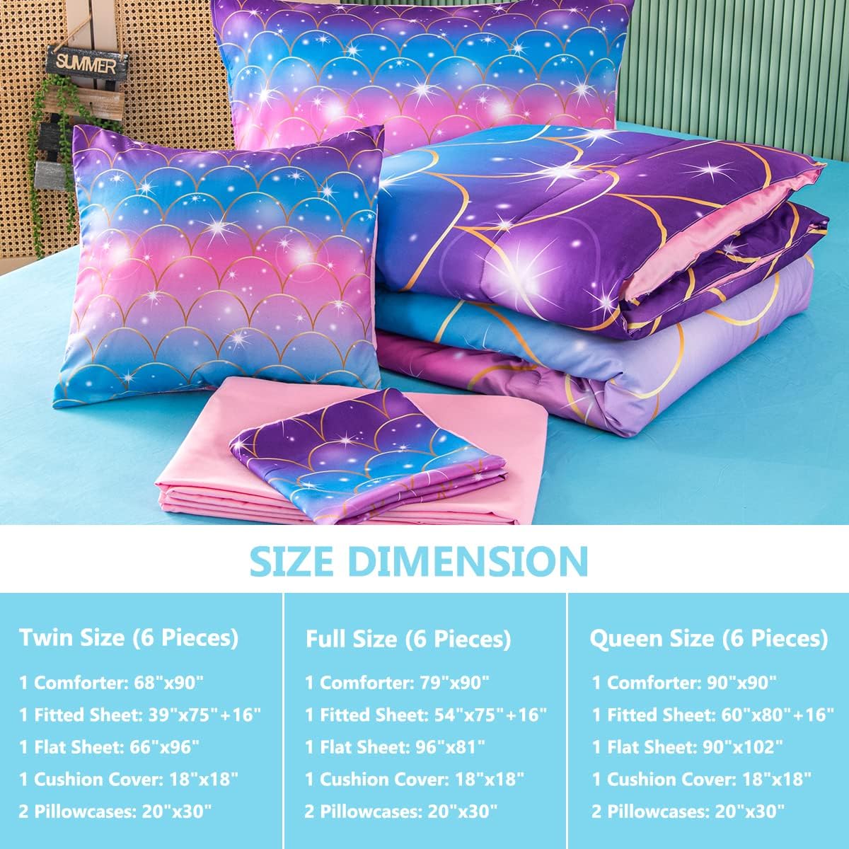 PERFEMET Pink Mermaid Comforter Set Full Size 6 Pieces