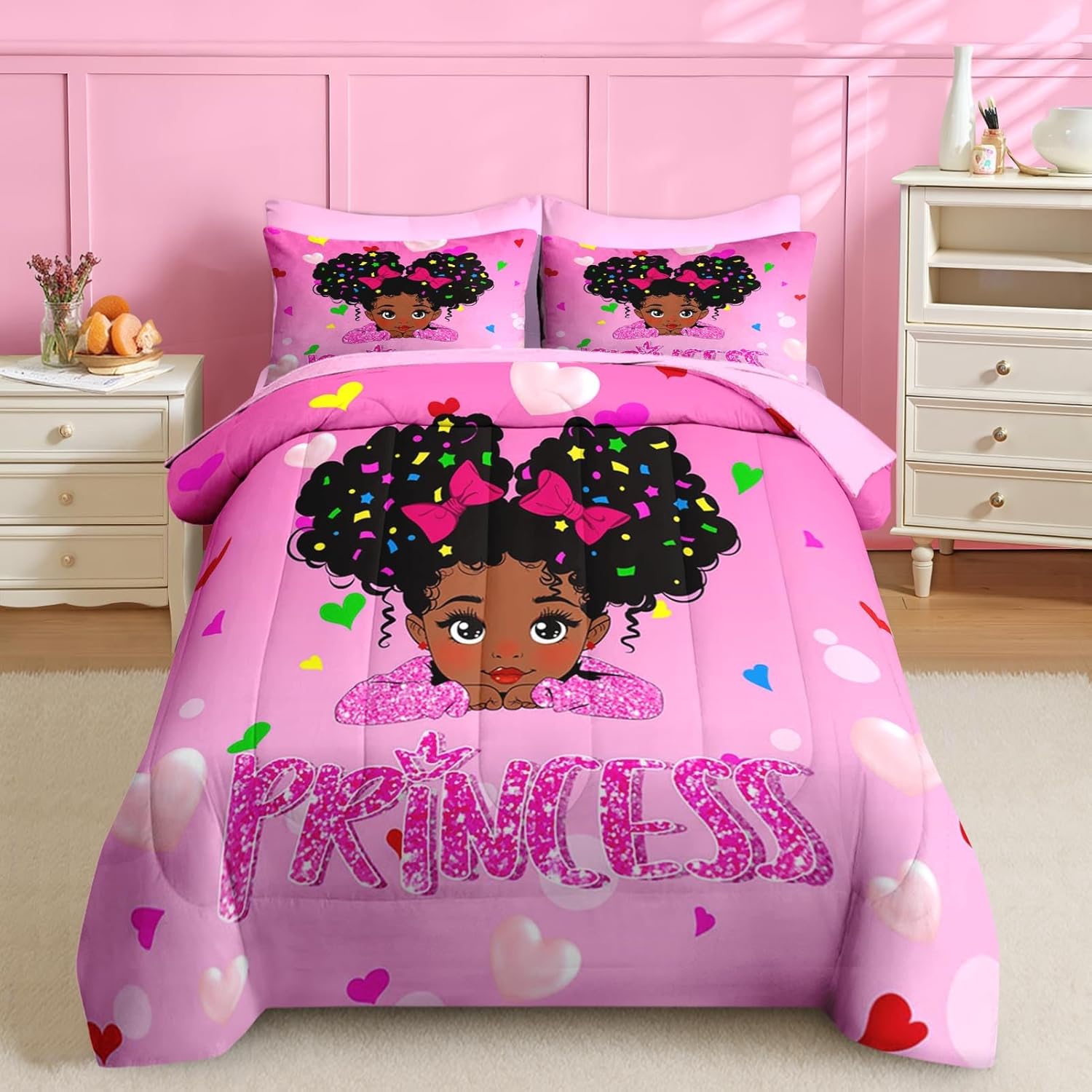 Nesker 5 Pcs Comforter Set Twin Size Pink Princess