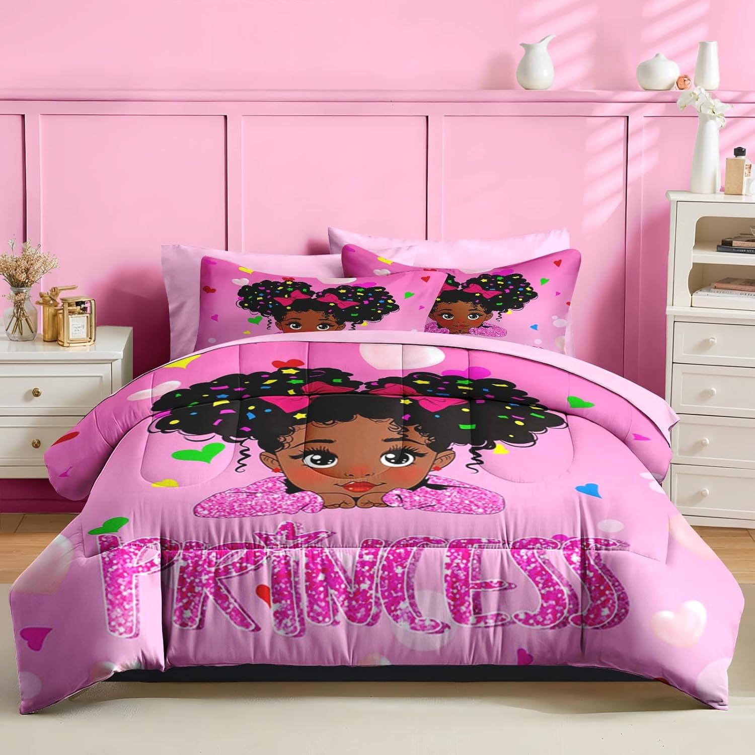 Nesker 5 Pcs Comforter Set Twin Size Pink Princess