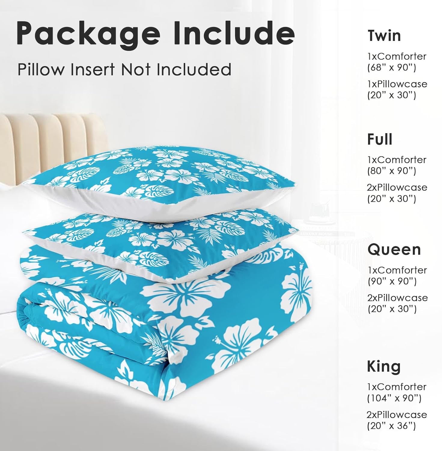 Pamnest Queen Comforter Set Blue Hawaiian Flower 3 Pcs