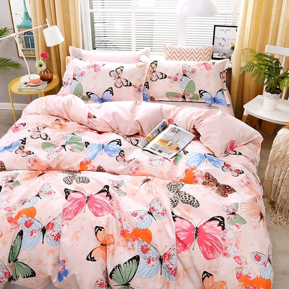 Feelyou Kids Duvet Cover Set Twin Size Pink Butterfly Print