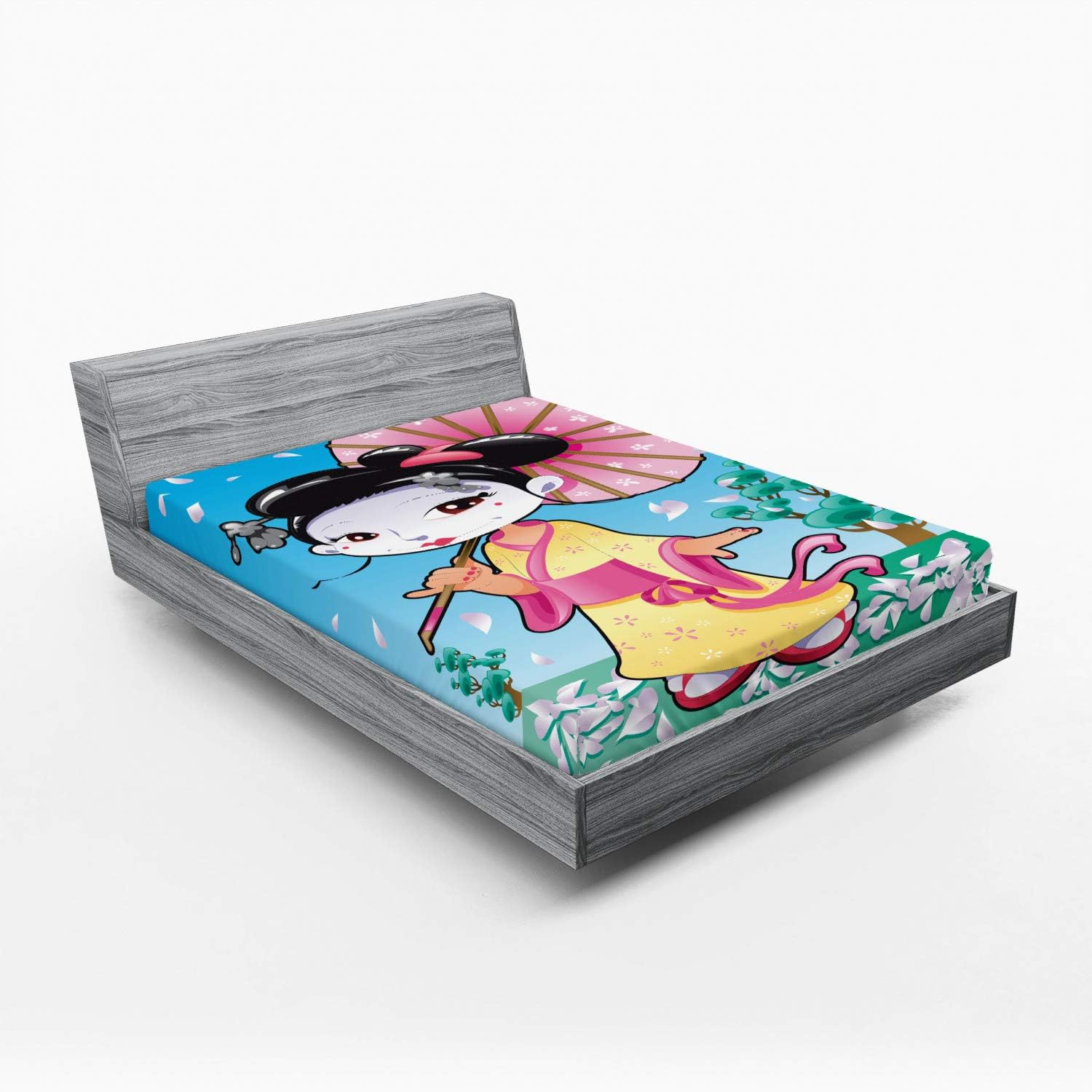 Ambesonne California King Sheet with Geisha Cartoon Print
