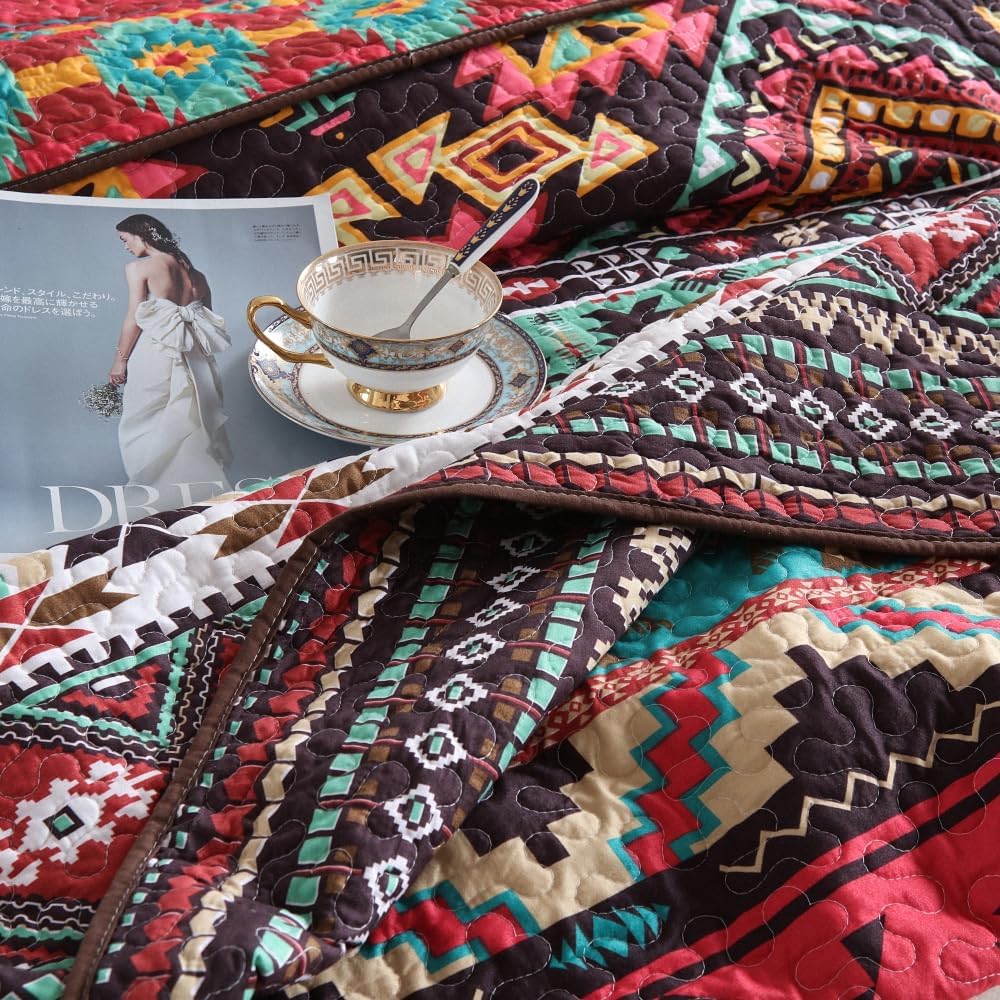 ENASAL Reversible Striped Bohemian Bedspread Set King Size