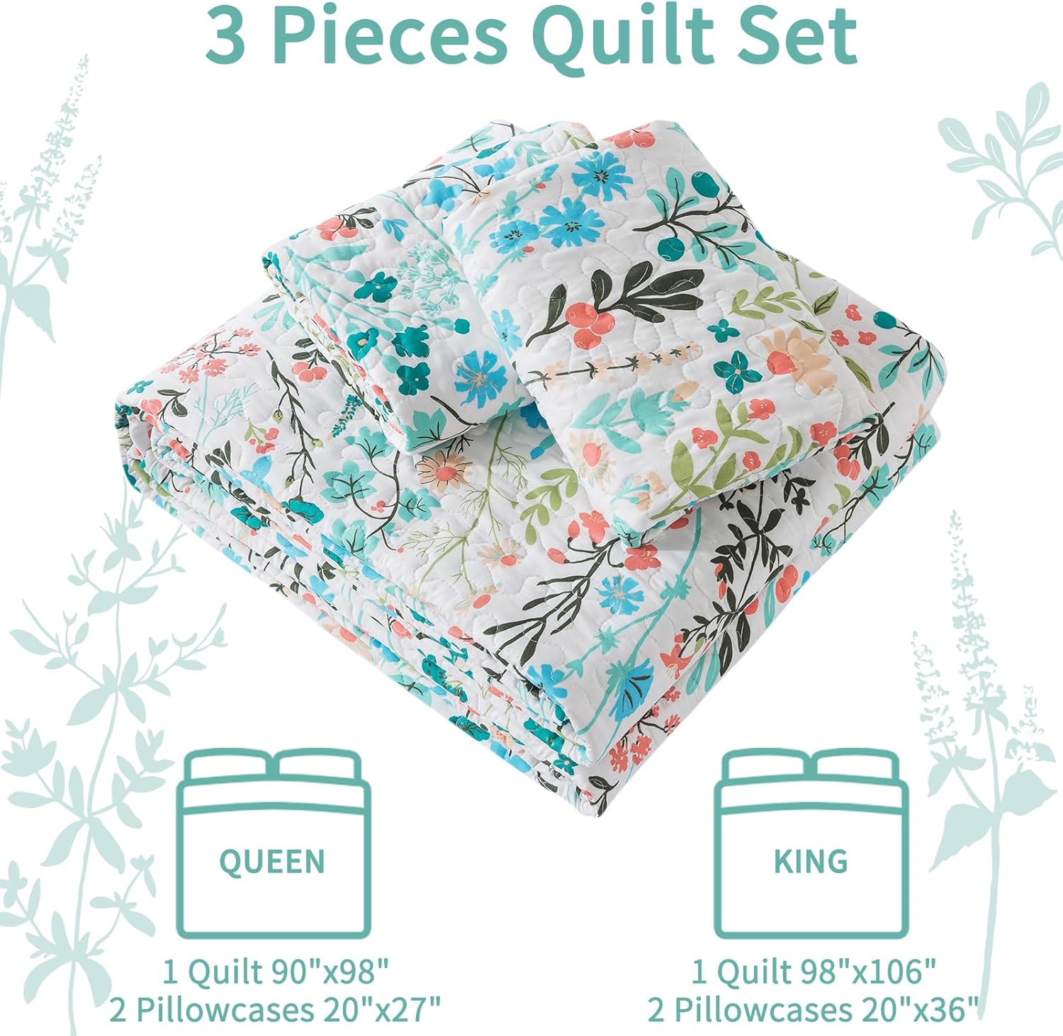 VAPUTAR Botanical Queen Quilt Set 3-Piece