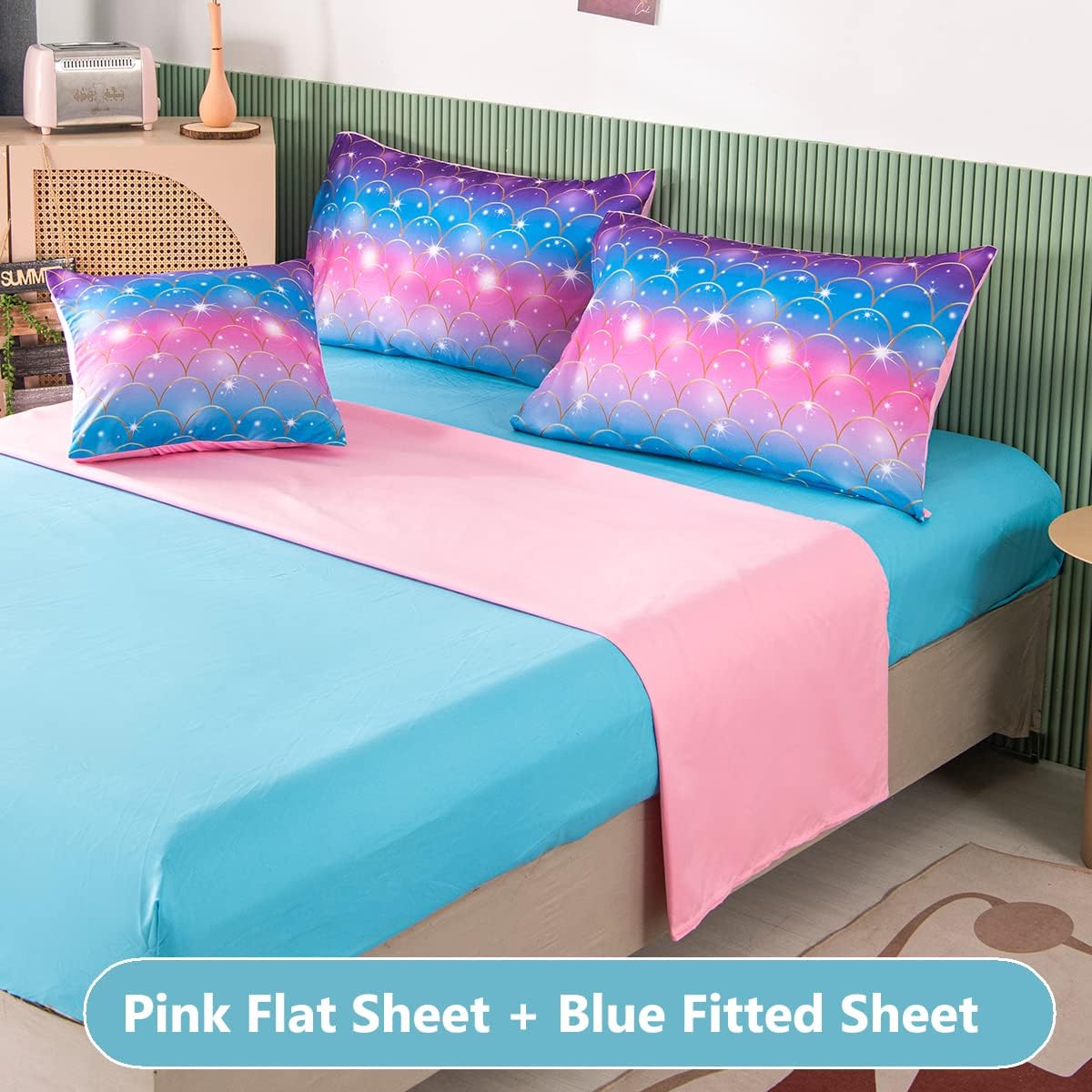 PERFEMET Pink Mermaid Comforter Set Full Size 6 Pieces