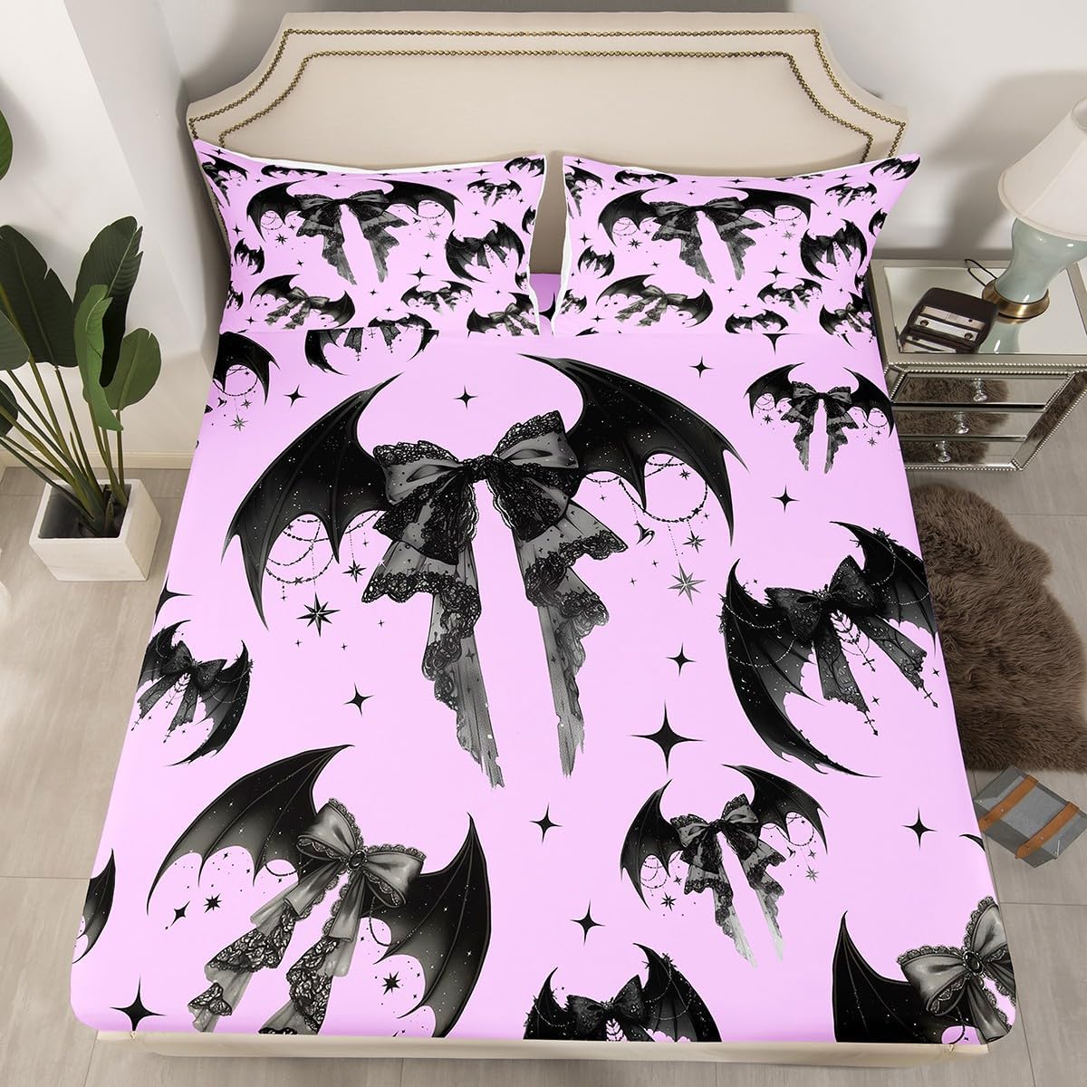 Manfei Gothic Bowknots Sheet Set Purple Black Deep Pocket Twin Size
