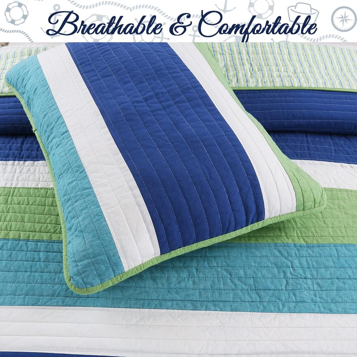 Cozy Line Waylon Navy Blue Green White Striped 100 Cotton Reversible Quilt Set
