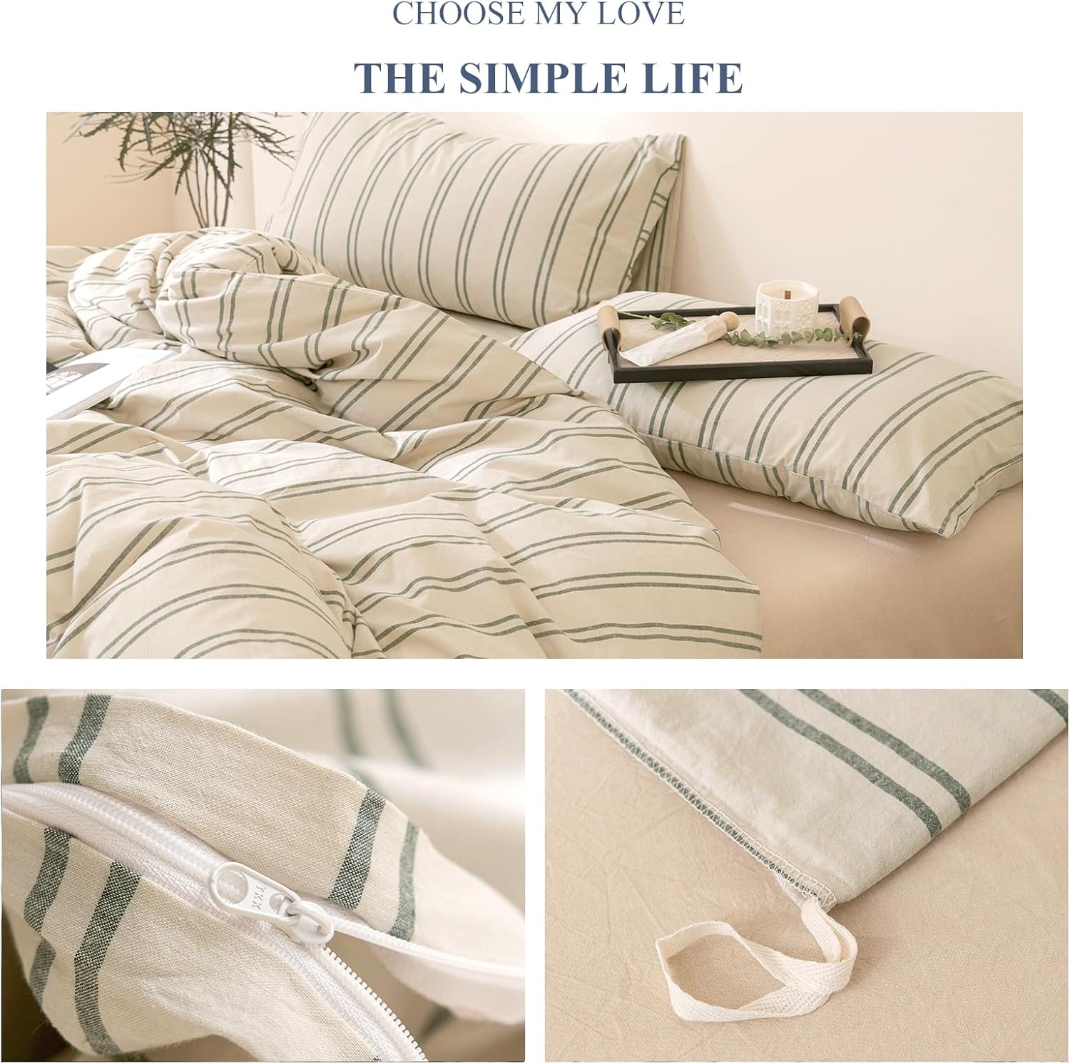 VM VOUGEMARKET Greyish-Green Striped Duvet Cover Set Twin XL