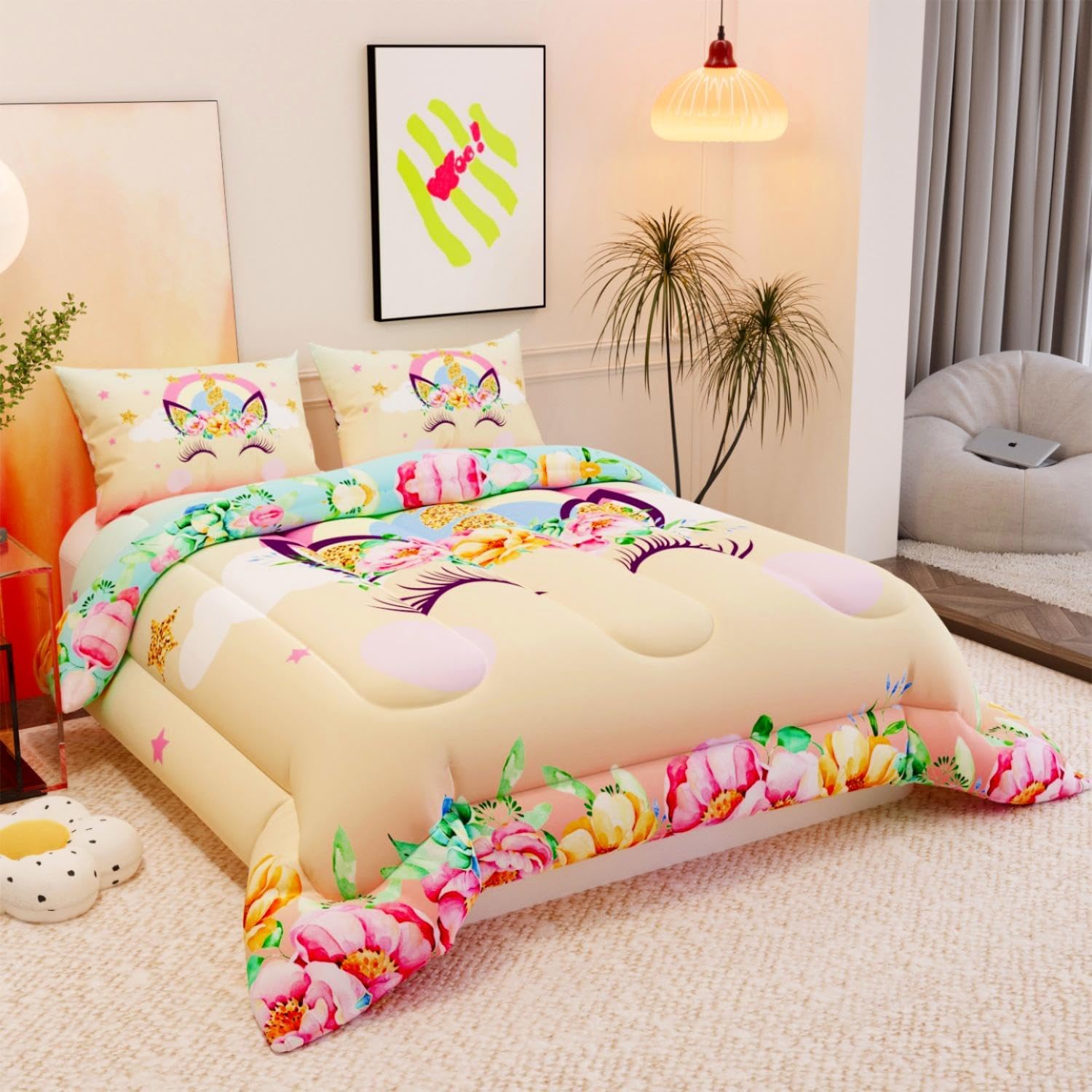 Namoxpa Unicorn Comforter Set Floral Pink 3D Pattern