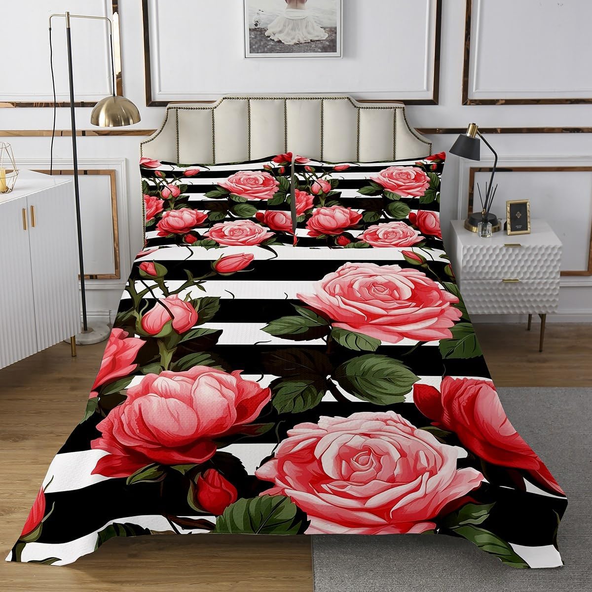 Erosebridal Red and Pink Flower Quilt Set 3Pcs 1