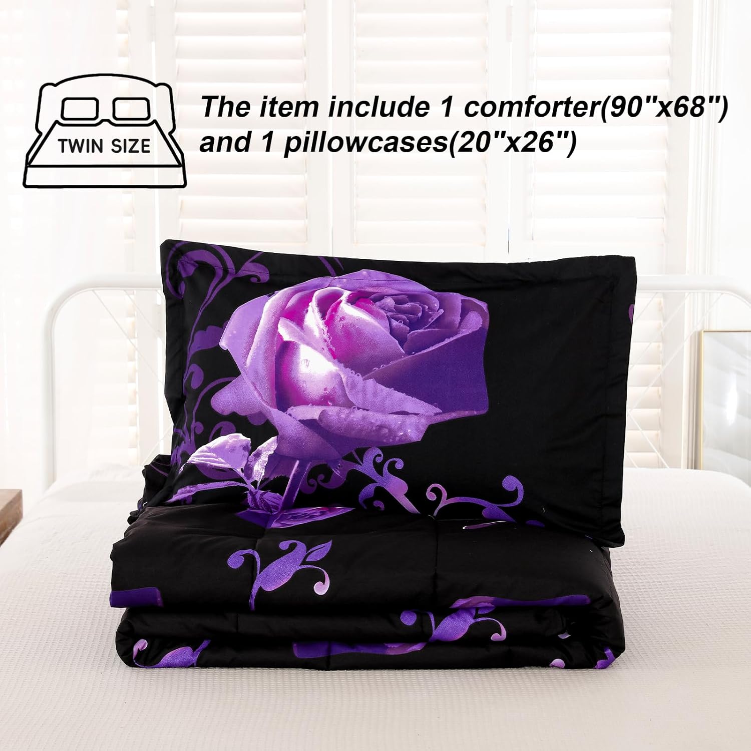 WONGS BEDDING Purple Rose Comforter Set Twin Reversible