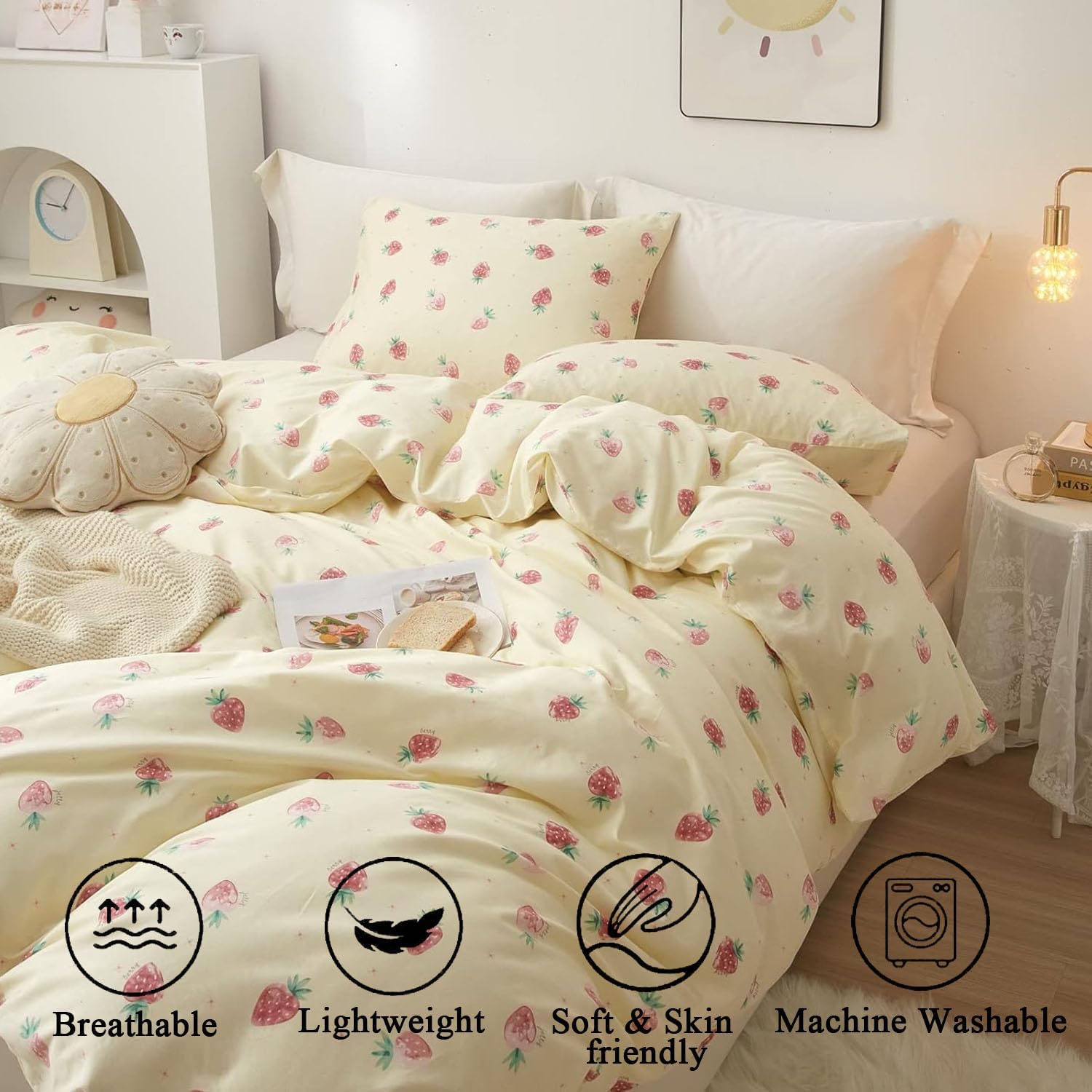 Bildenly Kids Duvet Cover Set Twin Kawaii Strawberry