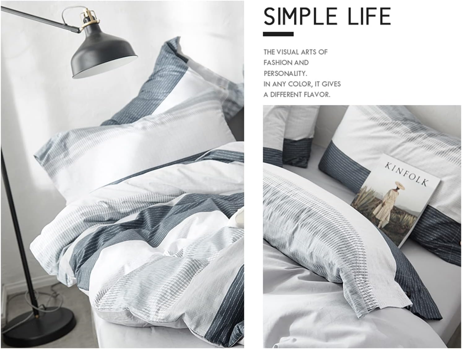 HighBuy Geometric Stripe Duvet Cover Queen Set Grey White
