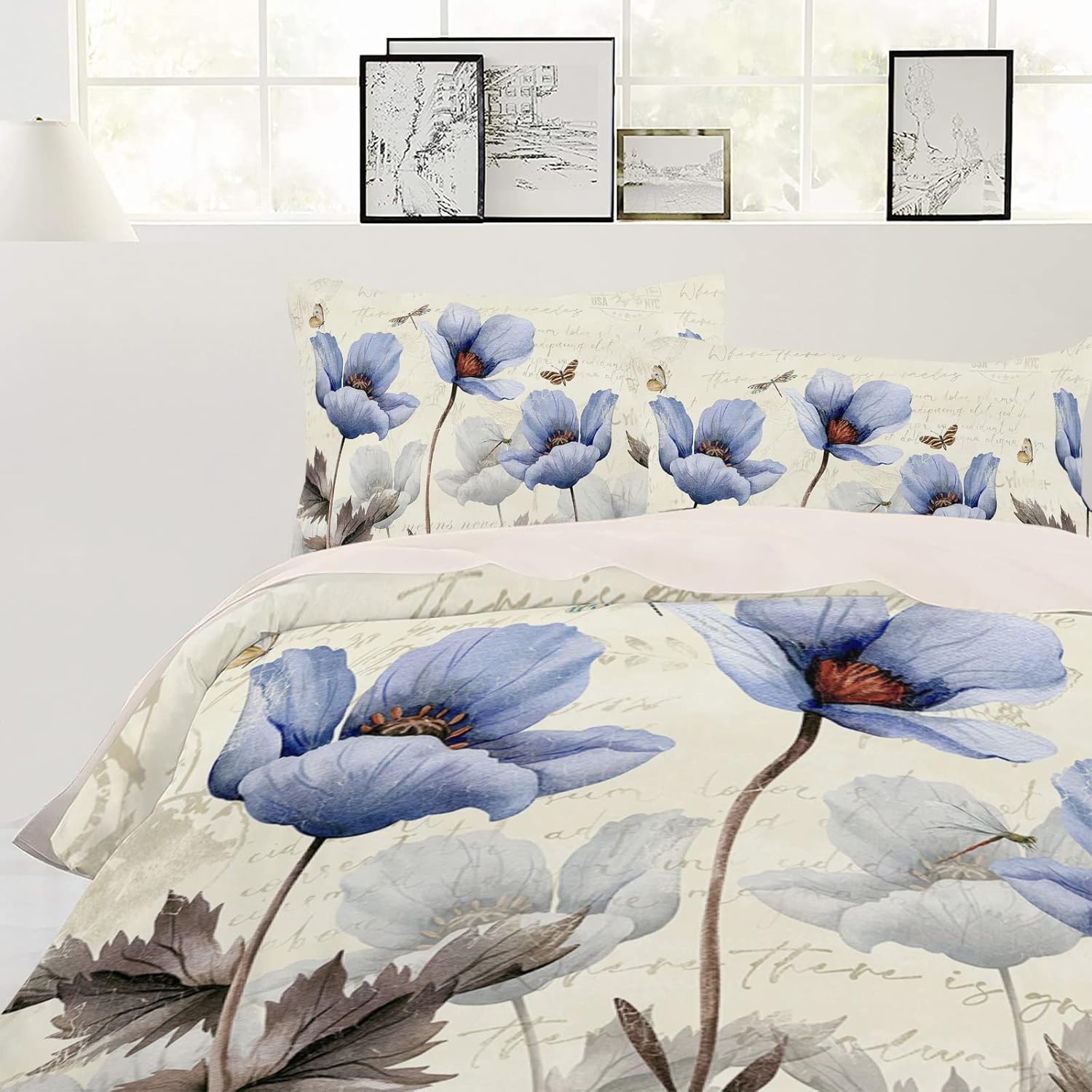 OComster California King Duvet Cover Set - Blue Tulip Flower 3 Pieces