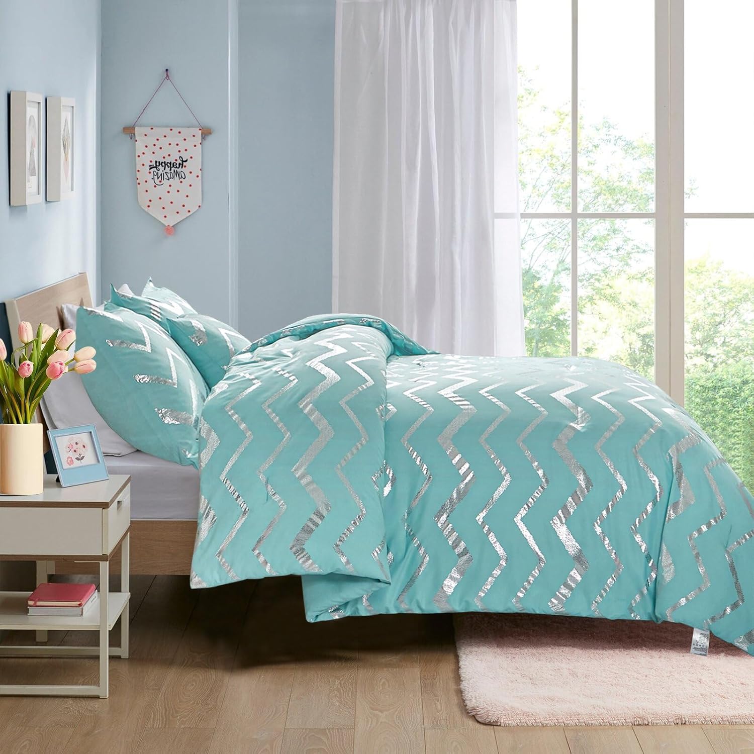 Menghomeus Aqua Comforter Set Twin XL Teal and Silver