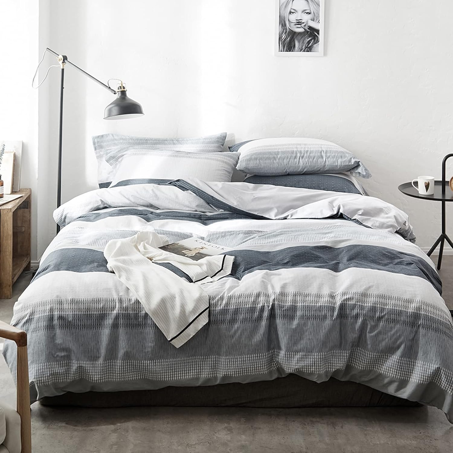 HighBuy Geometric Stripe Duvet Cover Queen Set Grey White