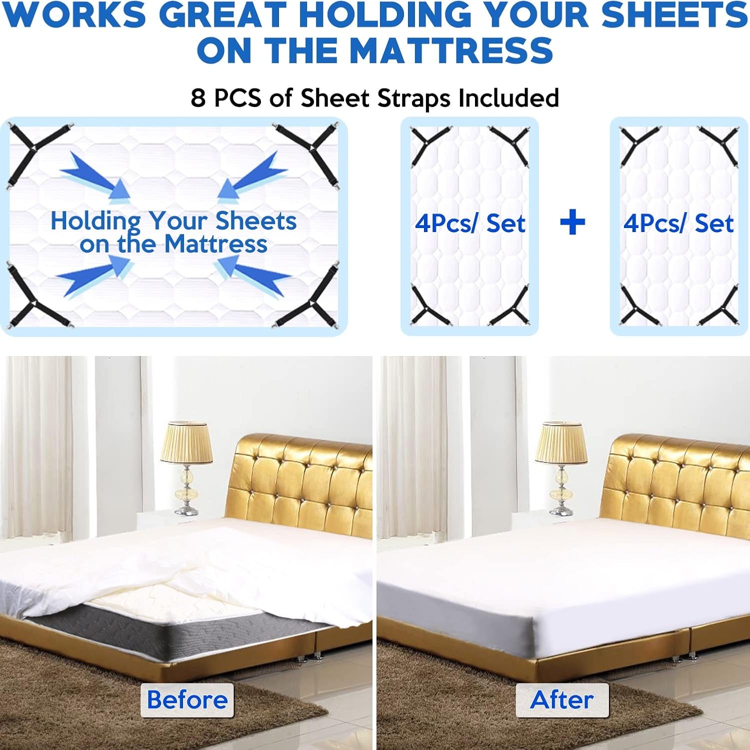 Kelofty 4PCS Bed Sheet Clips with Adjustable Bands