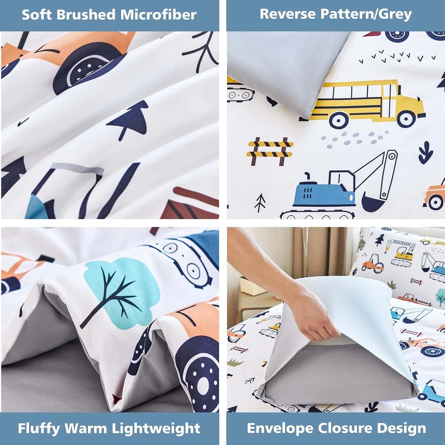 WINLIFE Twin Size Comforter Set with Cartoon Excavator Pattern