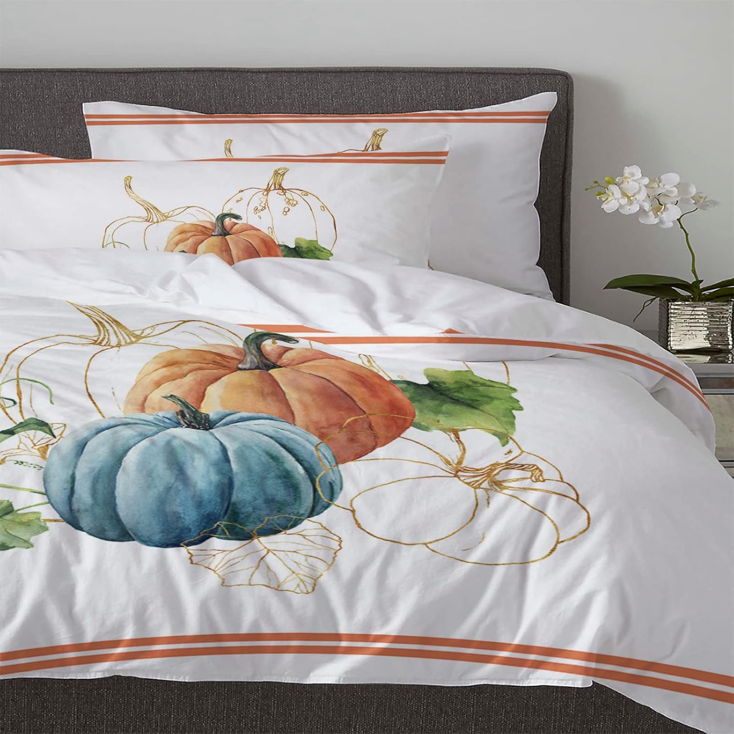 OComster Cal King Duvet Cover Set 3 Piece Pumpkin Striped