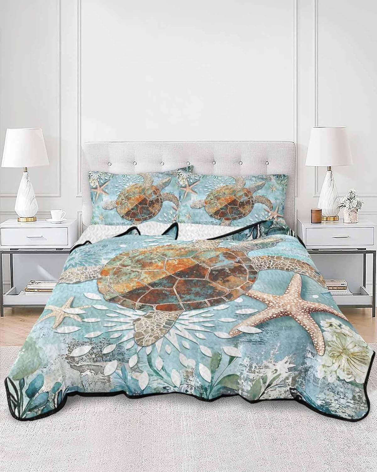 Chucoco Twin XL Quilt Bedding Set Retro Nautical Theme