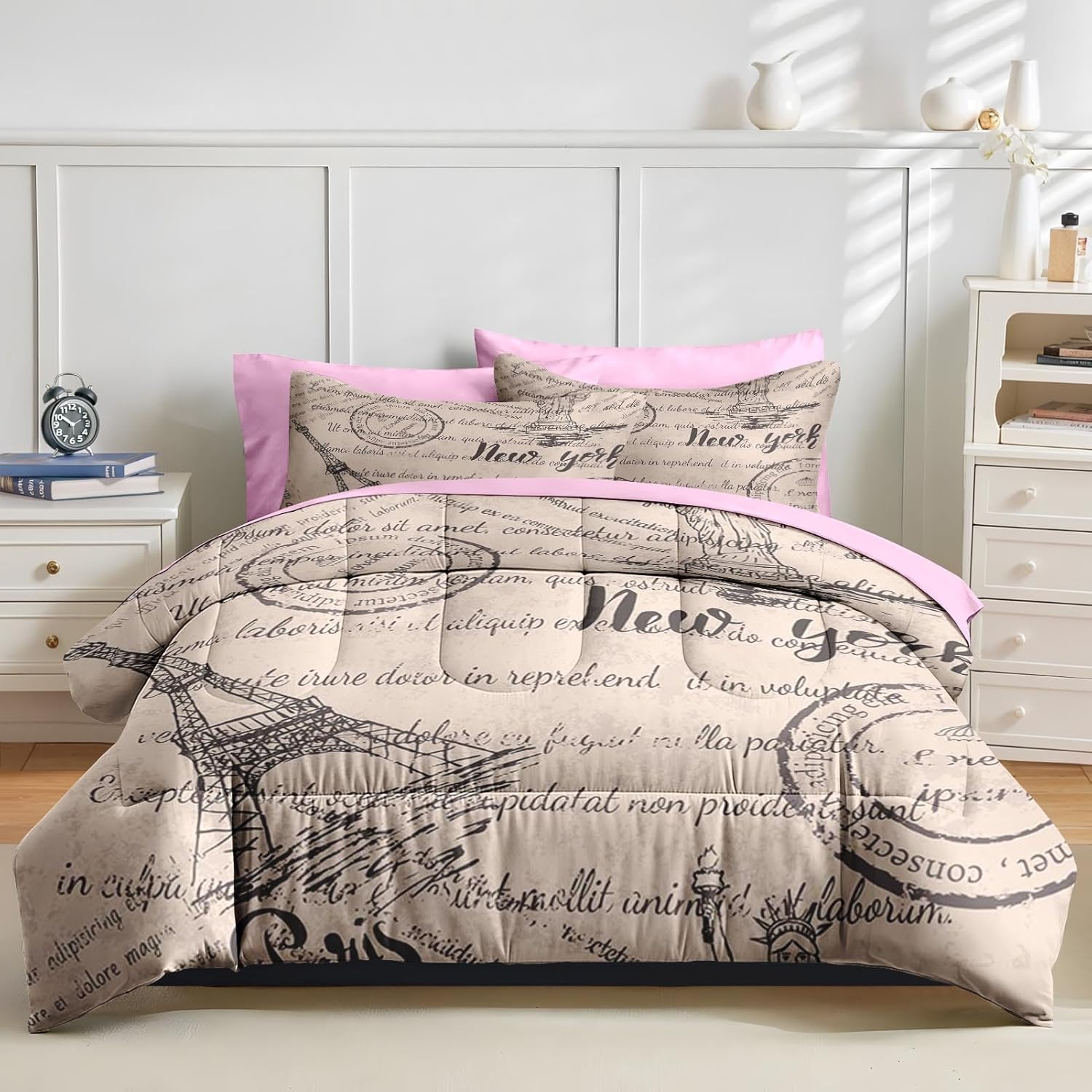 Nesker 7 Pcs Queen Comforter Set with Eiffel Tower Design