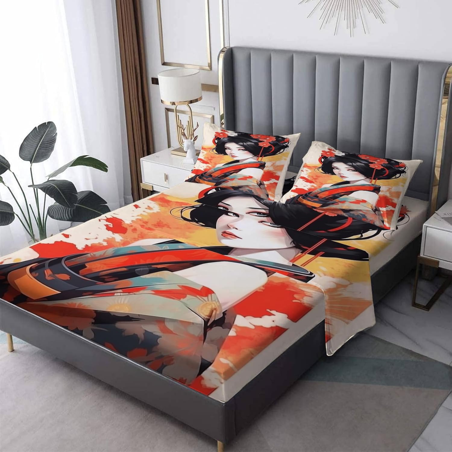 Japanese Sheets California King Set - Patterned Microfiber Sheets Pillowcases Wrinkle Free Soft